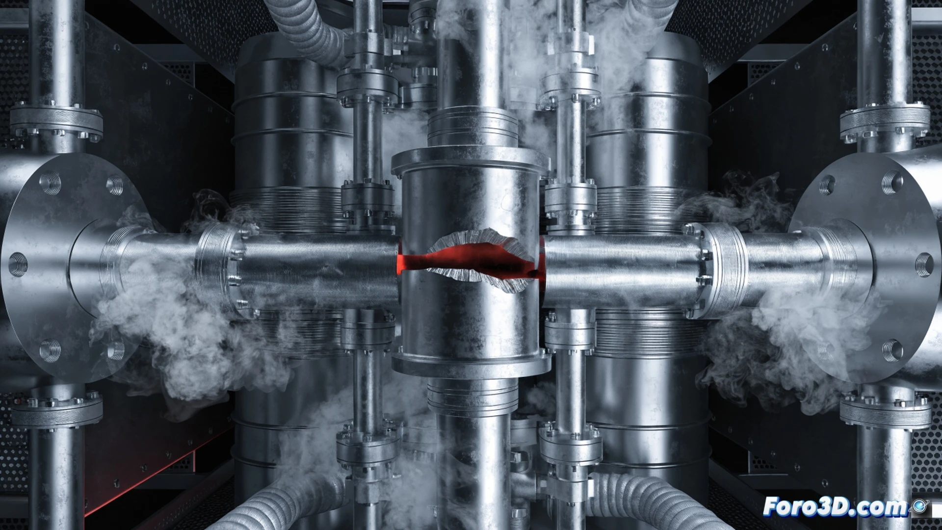 Industrial llenadora de nitrógeno líquido con boquilla dispensadora metálica fisurada, grieta propagándose desde el borde interior, superficie con marcas de expansión y contracción térmica cíclica, anillos de tensión visibles alrededor del fallo, fondo con modelo 3D CAD de SolidWorks mostrando la pieza seccionada, superposición semitransparente de nube de puntos de Autodesk ReCap escaneando la boquilla dañada, acción de dispensación congelada mostrando vapor criogénico escapando por la fisura, iluminación industrial fría con reflejos metálicos, estilo photorealistic engineering visualization, ultra-detailed metal grain texture, cinematic depth of field, simulación de esfuerzos térmicos con gradientes de color azul a rojo en la zona afectada