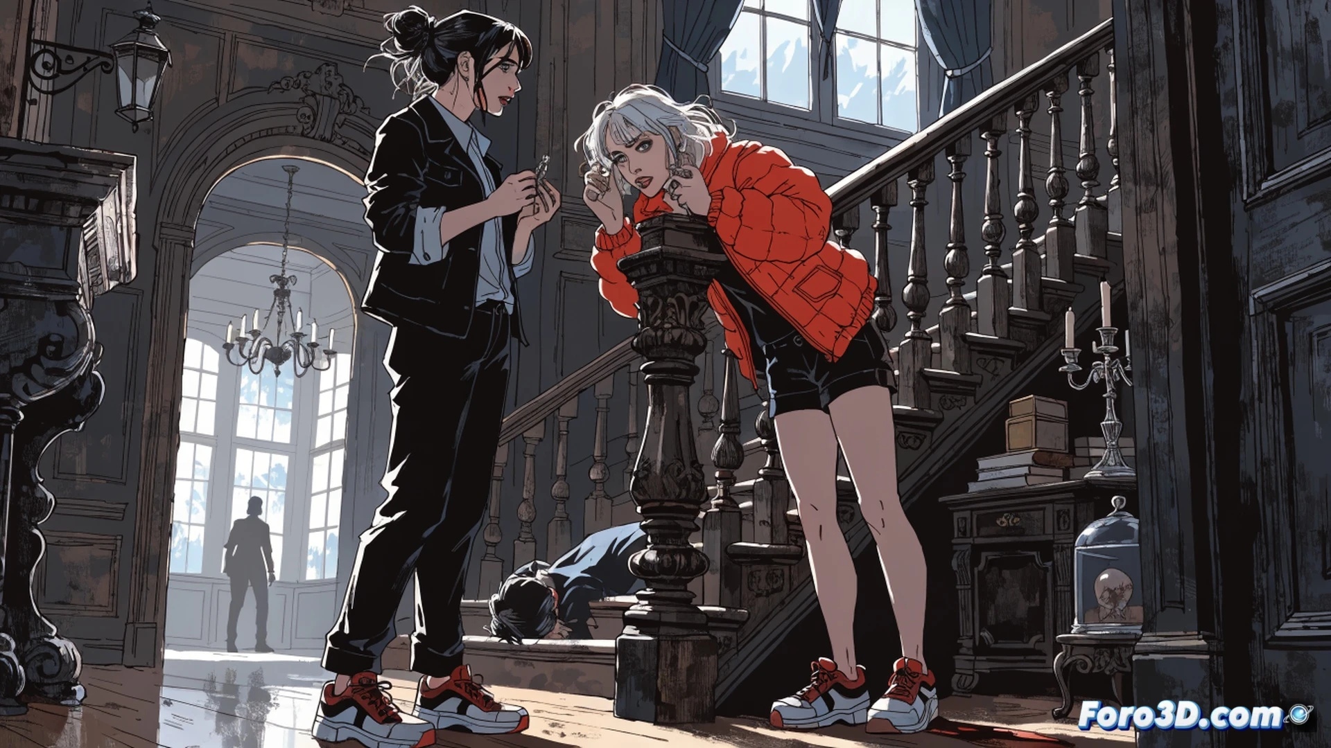 two young women inside a gothic vampire mansion night scene, one holding a vintage camcorder while the other examines a crime scene evidence marker near a dark wooden staircase, a glowing laptop displaying fan forum posts about vampire movies, scattered film reels and a retro video camera on a cluttered table, vintage horror movie posters peeling on the walls, a mysterious silhouette in a dim hallway, cinematic photorealistic style, dramatic chiaroscuro lighting with red and blue shadows, tense atmosphere, ultra-detailed textures of wood and velvet, forensic yellow tape across a doorway, motion blur on a falling glass shard, technical visualization of crime scene investigation tools