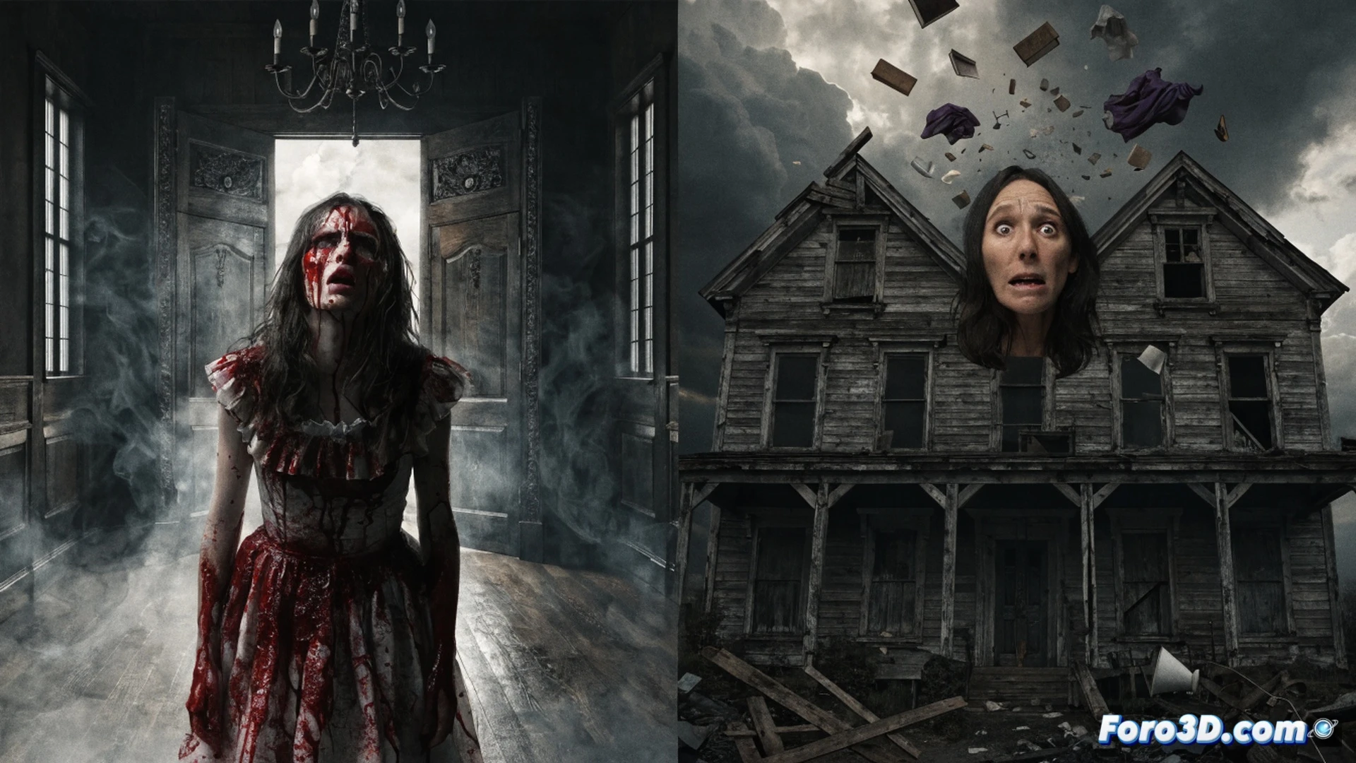 cinematic split-screen scene showing Mike Flanagan directing a Carrie remake scene on a vintage film set, a young girl in a blood-soaked prom dress levitating books and candles in a dark gymnasium, while on the opposite side an Apple TV+ production team monitors a Widow’s Bay horror-comedy shoot, actors in Victorian ghost costumes laughing nervously near a glowing laptop running Final Cut Pro, both crews framed by a glowing Rotten Tomatoes score of 98 percent floating above a modern couch with popcorn, photorealistic technical illustration, dramatic blue and red lighting, hyper-detailed camera rigs and boom microphones, motion blur during a jump-scare effect