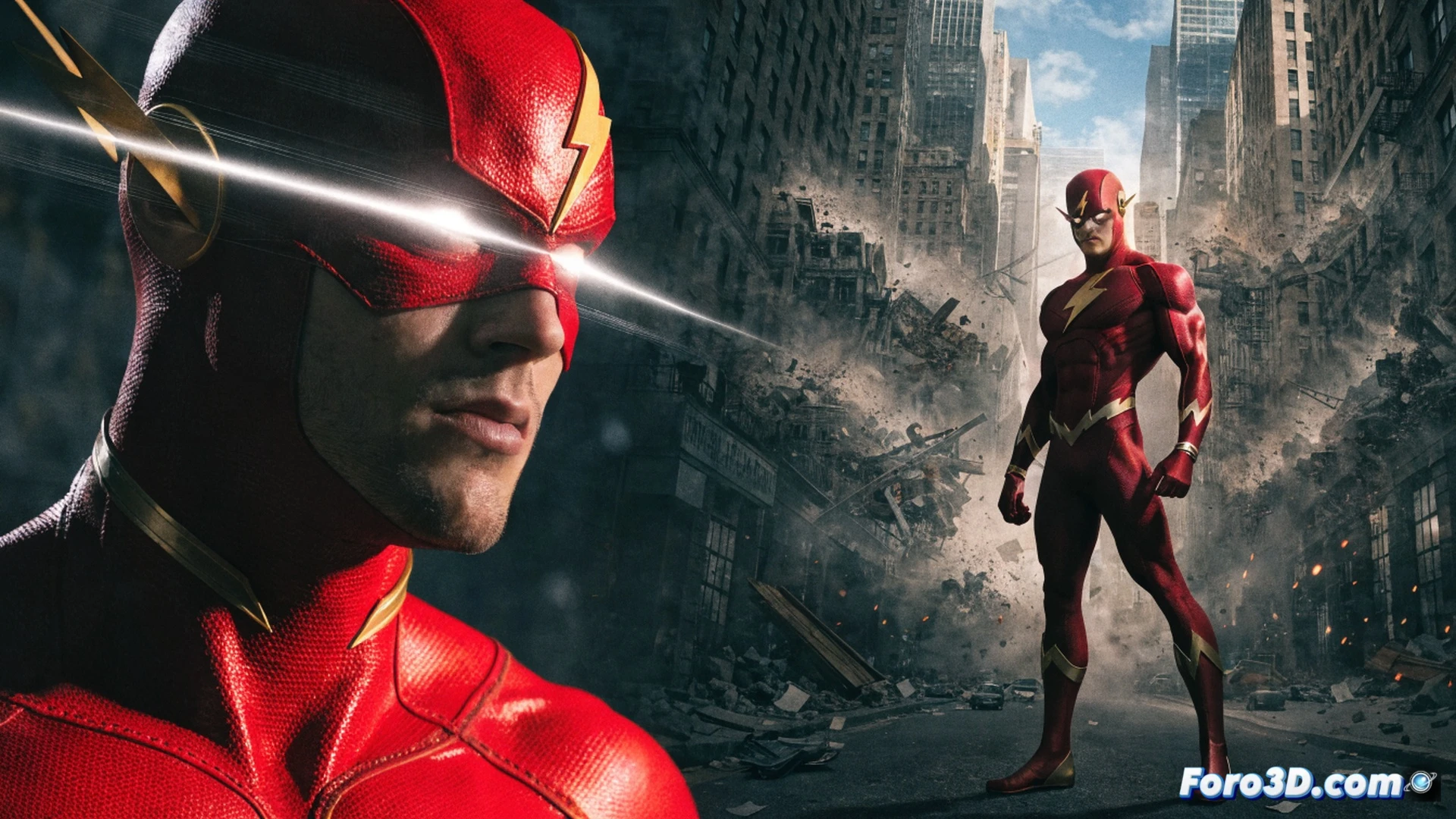 Flash running at extreme speed through a city street, multiple translucent afterimages showing future moments: a car about to crash into a fire hydrant, a falling sign, a child stepping off the curb, neon blue and red energy trails from his body forming branching prediction lines, glowing data streams around his temples, cinematic superhero action scene, hyper-detailed costume texture, motion blur on background buildings, sparks from concrete, photorealistic digital illustration, dramatic dusk lighting, rain-slicked asphalt reflecting light trails, high-speed impact anticipation, technical visualization of precognition process