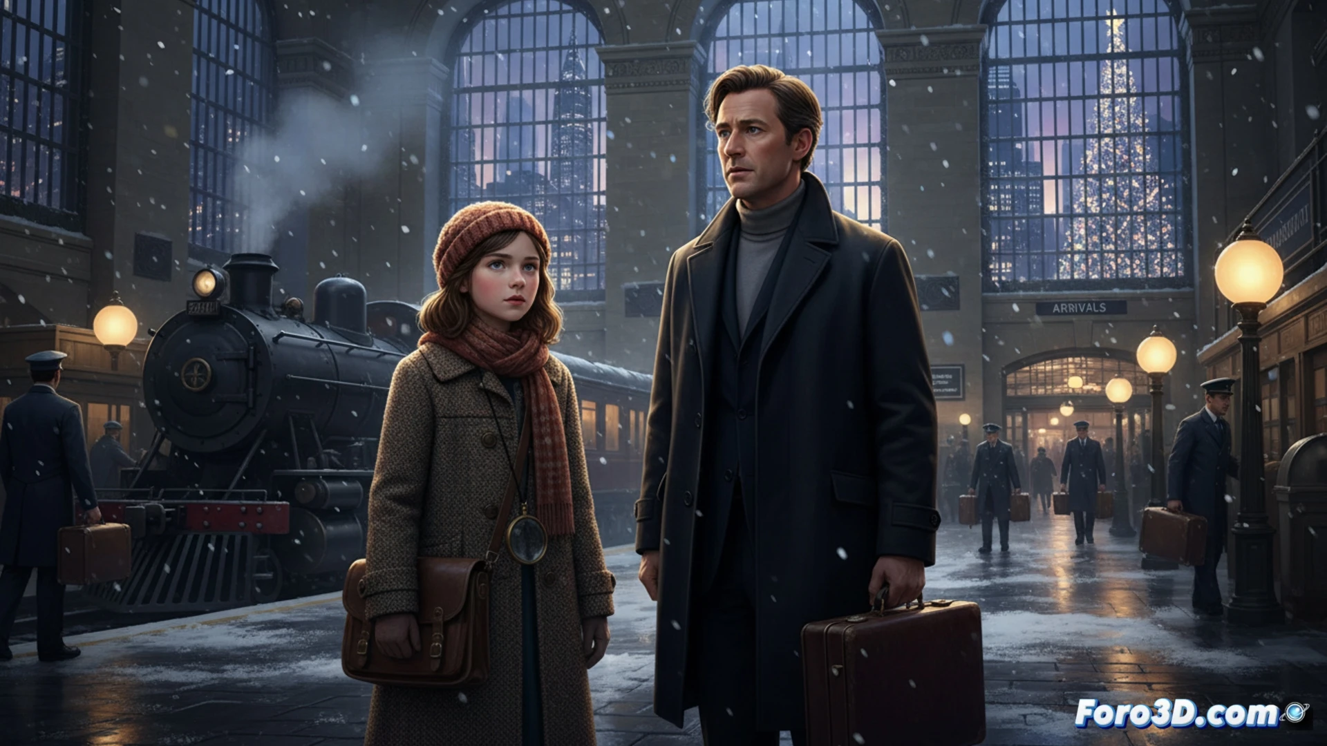 Descripción detallada para la imagen (80-120 caracteres):  
Una niña detective de cabello rojo sostiene una lupa junto a Martin Freeman en una mansión iluminada por luz tenue, con sombras de misterio y un libro antiguo abierto.