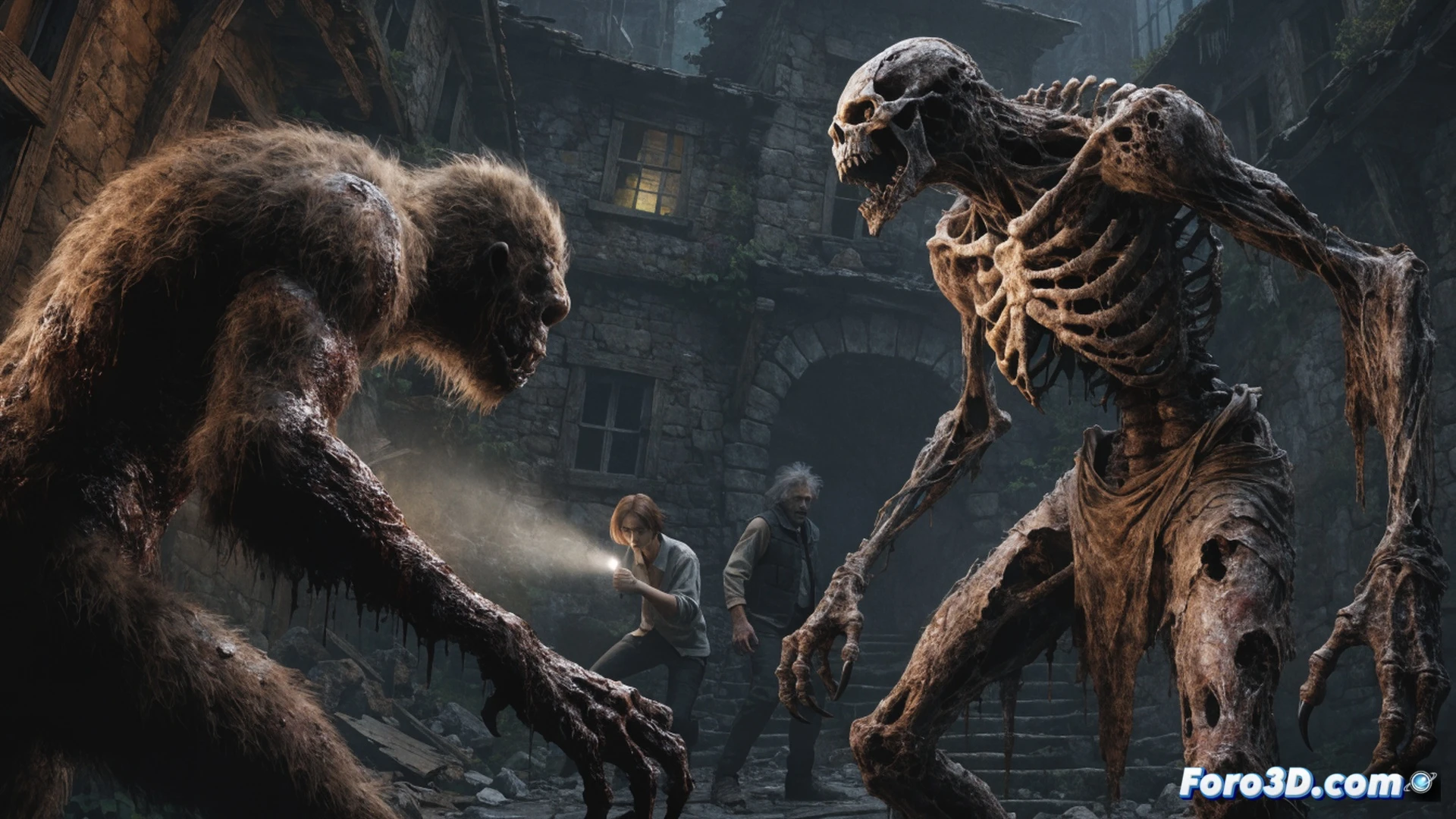 a protagonist agent in a dark, rain-soaked village square, aiming a flashlight-mounted pistol at a grotesque, twisted monster emerging from a shattered wooden fence, while a glowing puzzle symbol on a nearby stone wall hints at a survival mechanic, blood splatters on cobblestones and a torn police tape fluttering in the wind, cinematic horror visualization, photorealistic, dramatic low-angle lighting, volumetric fog from a distant fire, ultra-detailed creature textures with exposed sinew and bone, particle effects of mist and sparks from a broken streetlamp, action frozen during a tense standoff