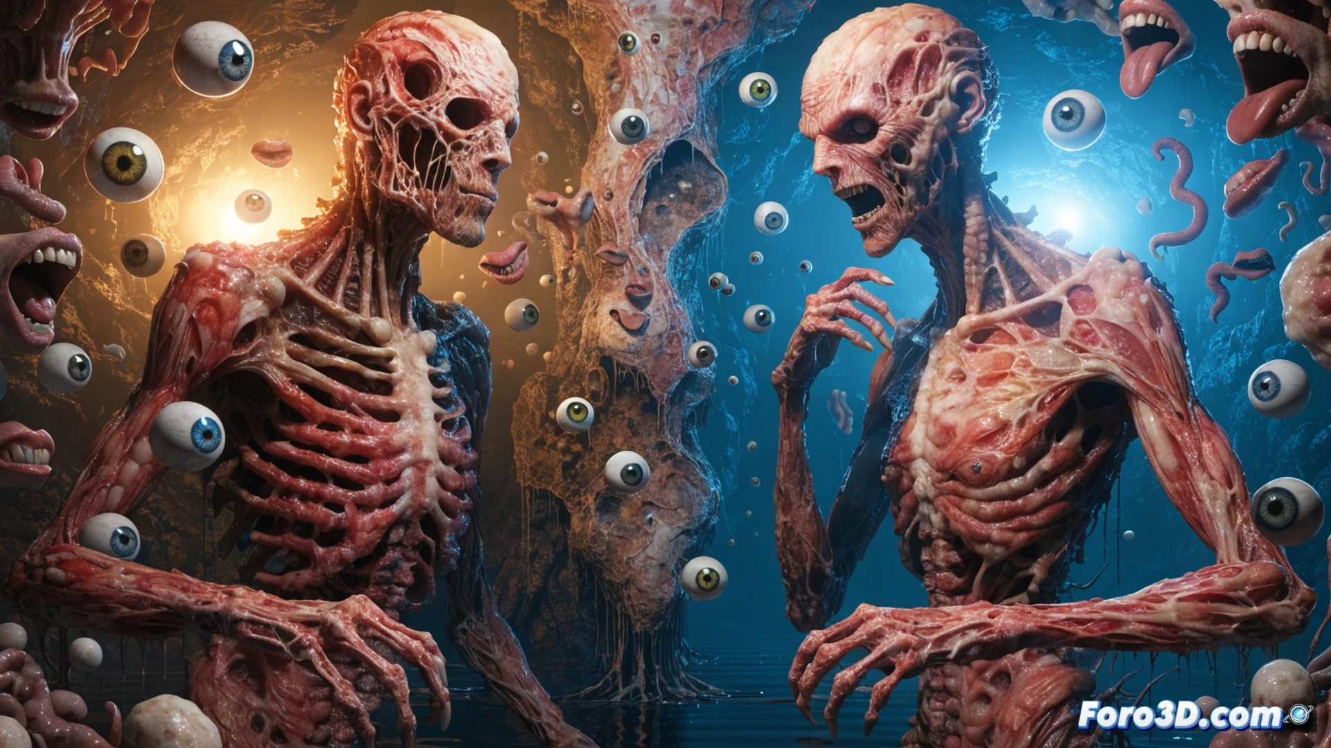 classic survival horror scene inside a dimly lit Victorian mansion, player character holding a flickering oil lamp while aiming a revolver at a grotesque flesh-stitched creature emerging from a shadowy corridor, broken furniture and scattered bullet casings on wooden floor, a locked ornate door with a glowing puzzle symbol in the background, tense combat moment with limited ammo visible in the inventory bar, cinematic photorealistic horror style, volumetric fog and dramatic chiaroscuro lighting, hyper-detailed textures on the creature's organic metal fusion, motion blur on the character's trembling hand, ultra-sharp focus on the creature's eye and raised claw