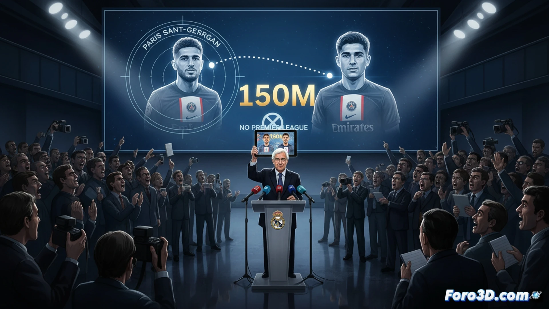 Florentino Pérez, traje azul, anuncia en plató TV el fichaje de 150M. Fondo con escudos del Real Madrid y PSG. Vitinha y Joao Neves aparecen en pantallas táctiles.