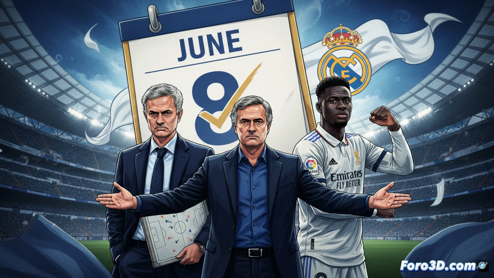 Real Madrid presidential election scene, Florentino Perez handing a tactical whiteboard to Jose Mourinho while Ibrahima Konate stands behind them holding a red Liverpool jersey being removed, tactical diagrams with defensive formations drawn on the board, intense negotiation atmosphere, photorealistic technical illustration, dramatic stadium lighting, sharp focus on faces and gestures, dark suits contrasting with white board, cinematic composition, ultra-detailed textures on skin and fabric, realistic shadows from overhead floodlights
