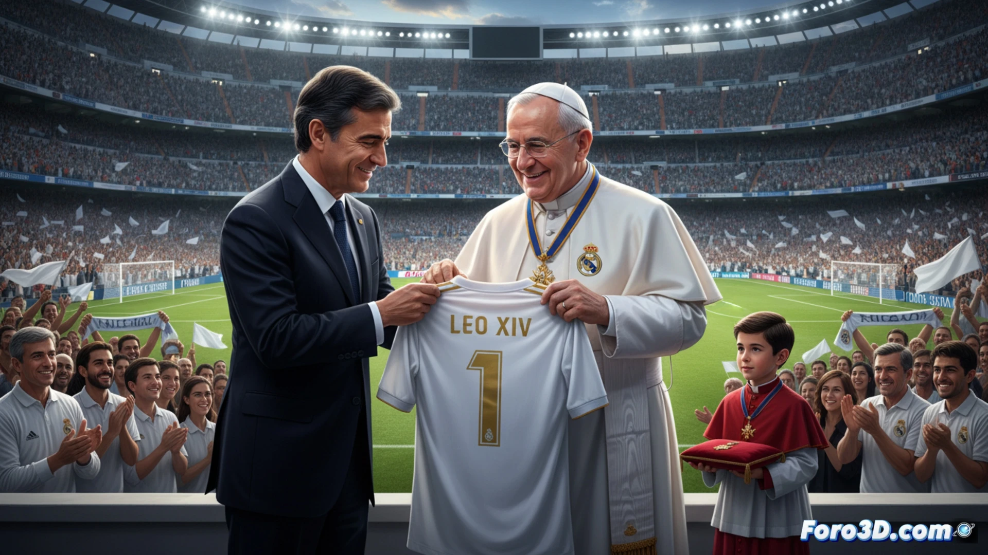 Florentino Pérez entregando una camiseta blanca del Real Madrid al Papa León XIV en el centro del campo del Santiago Bernabéu, 70.000 espectadores de fondo con bengalas blancas, el Papa sosteniendo la camiseta con dorsal número 1 mientras impone una medalla dorada a Pérez, manos entrelazadas durante el intercambio, palco presidencial iluminado, césped perfectamente cortado, marcador electrónico apagado, estilo cinematográfico realista, iluminación dramática de estadio, texturas de tela y metales detalladas, photorealistic technical render, acción de trueque ceremonial entre poder celestial y deportivo.