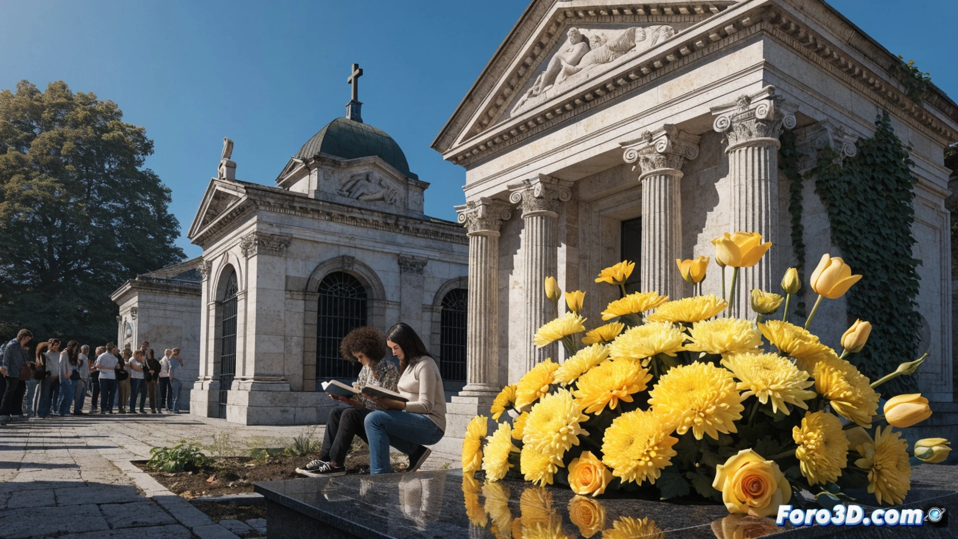 Tumba de Borges en cementerio de Ginebra, grupo de admiradores sosteniendo flores amarillas mientras recitan poemas, luz de atardecer filtrándose entre cipreses, tableta digital interactiva apoyada sobre la lápida mostrando holograma de laberinto literario, cables finos conectando a micrófono ambiental y altavoz portátil, hojas de papel con versos manuscritos siendo leídos en voz alta, sensores de proximidad detectando movimiento, estilo cinematic photorealistic, textura de mármol antiguo, sombras alargadas, atmósfera melancólica y viva, profundidad de campo suave, iluminación dorada cálida