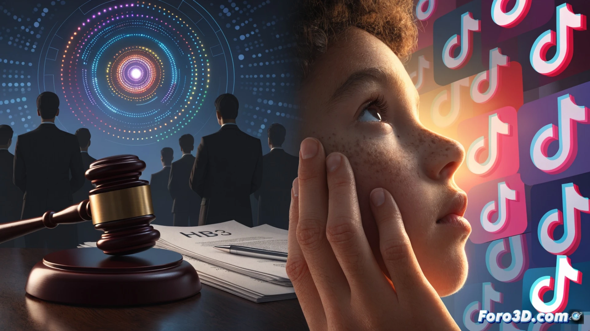 Photorealistic courtroom scene, judge's gavel mid-strike on block, glowing smartphone screen showing TikTok app with blurred child silhouette behind parental consent pop-up, legal documents with Florida state seal and HB3 law text visible, laptop displaying account suspension notification, dramatic overhead lighting casting shadows, polished wooden desk reflecting screen glow, ultra-detailed legal and digital elements, cinematic technical illustration