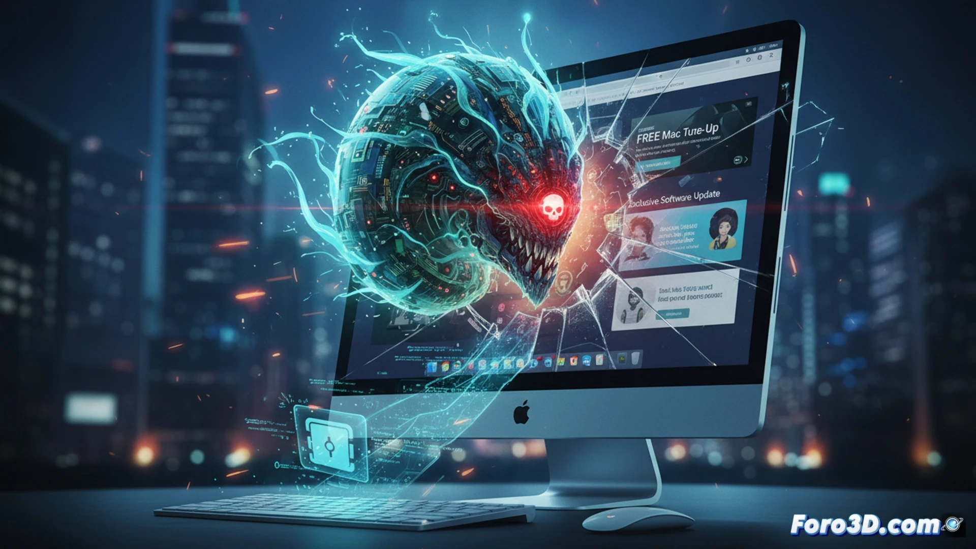 macOS laptop screen displaying fake Google ad interface, translucent FlutterShell code injection process visualized as glowing red tendrils penetrating system memory, browser window with YouTube ad redirecting to malicious download, background processes shown as floating ghost-like data streams, antivirus shield icons cracking and fading, cinematic technical illustration style, dark cyberpunk aesthetic, electric blue and crimson lighting, motherboard traces glowing under transparent casing, photorealistic digital threat visualization, particles of stolen credentials floating upward like digital smoke