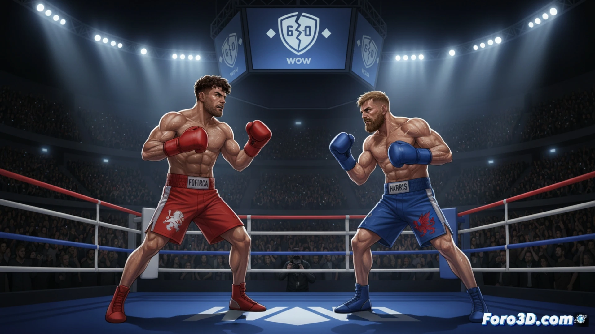 boxeador español lanzando un potente jab directo al rostro del oponente galés, ambos en el centro del ring del Madrid Arena, sudor y gotas de esfuerzo volando durante el impacto, guantes rojos y azules con detalles de costuras, reflectores cenitales creando sombras dramáticas sobre el cuadrilátero, lona con marcas de pasos y logos discretos de patrocinadores, público borroso al fondo con brazos en alto y flashes de cámaras, cámara lenta cinematográfica, iluminación de alto contraste, textura granulada de la lona, realismo fotográfico, estilo cinematográfico deportivo, acción congelada en el momento exacto del impacto
