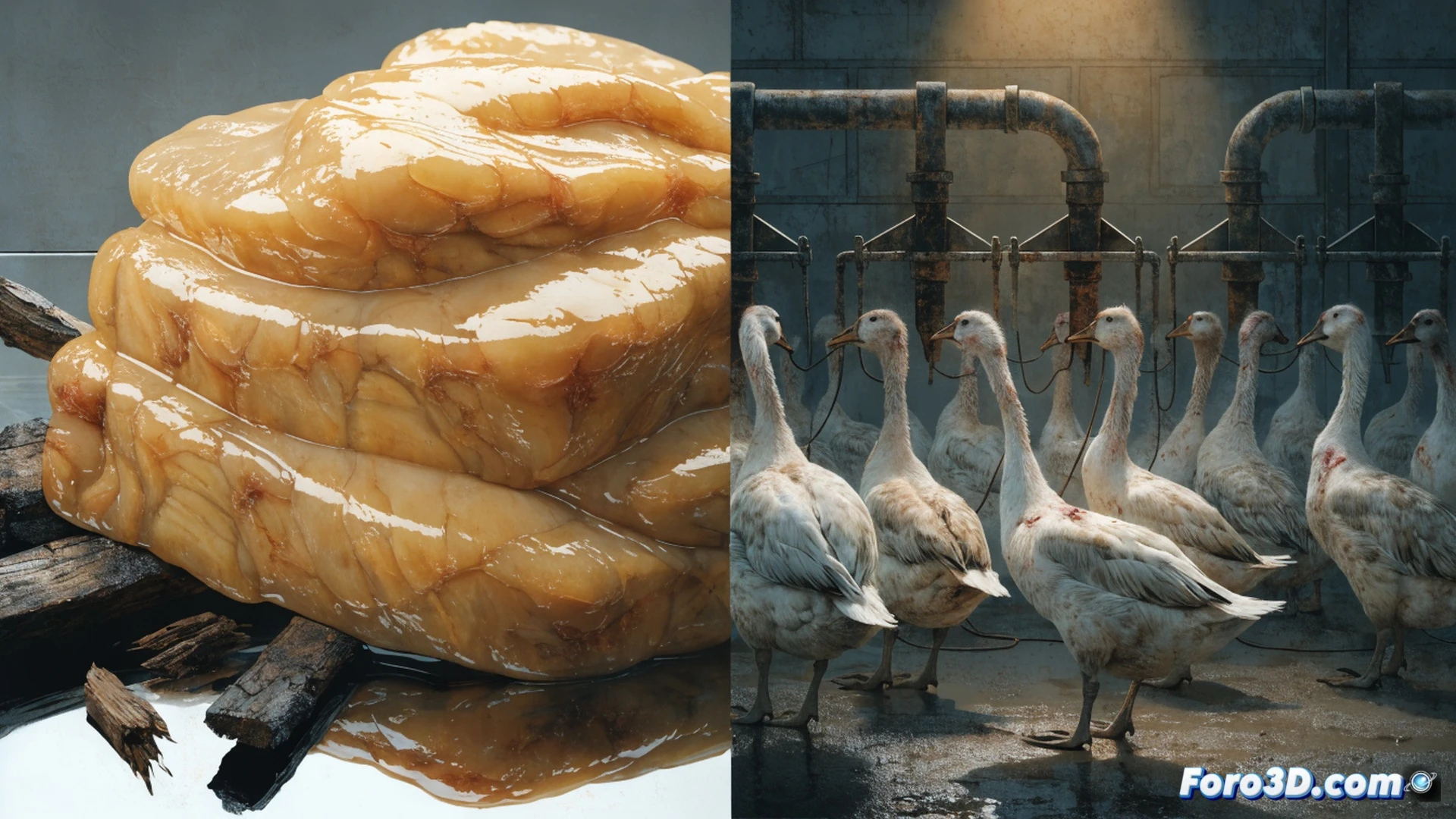 industrial poultry farm feeding operation, metal feeding tube being forced down a duck's throat by a gloved worker, duck struggling with wings flapping, stainless steel feeding machine with pressure gauge and pipes, conveyor belt holding rows of restrained birds, cramped wire cages stacked three levels high, dim fluorescent lighting, concrete floor with scattered feathers, photorealistic technical illustration, cold clinical atmosphere, detailed mechanical feeding apparatus, visceral action showing force application, dramatic chiaroscuro lighting, metallic reflections on equipment, hyperrealistic animal anatomy