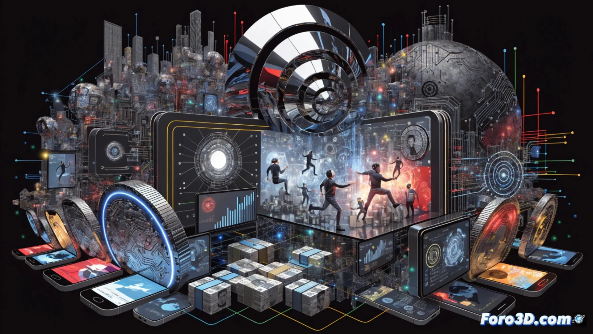 crowd of silhouetted traders staring at glowing smartphone screens in a dark room, hands reaching upward toward a massive holographic candlestick chart that curves into a bubble shape, bubble surface reflecting distorted social media logos and notification icons, bubble beginning to crack with digital fragments falling like glass shards, cinematic technical visualization, neon blue and red lighting, photorealistic render, hyper-detailed screen reflections, dramatic shadows, financial data streams flowing across the scene
