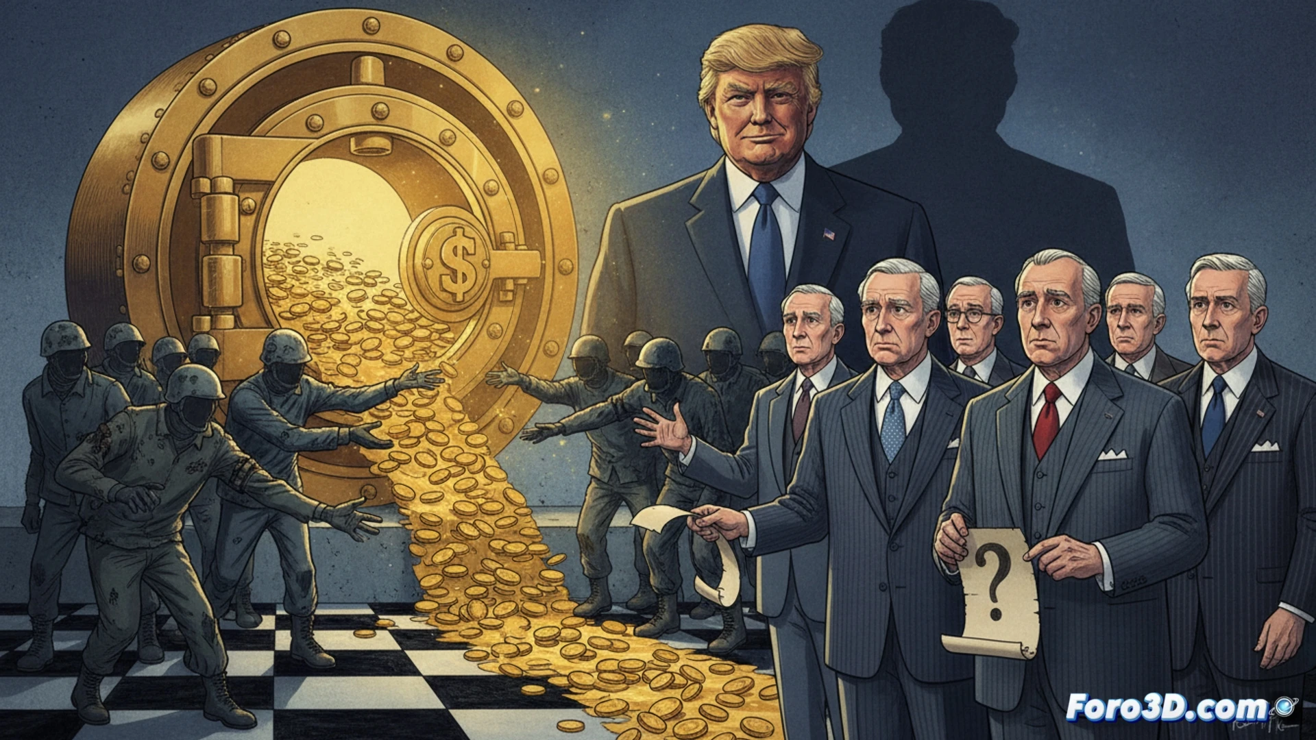 cinematic photorealistic scene of a large glass-walled government building interior, a stack of euro banknotes on a polished wooden table being divided by two hands wearing business suits, one hand pushing stacks toward a group of shadowy figures wearing caps and hoodies near a broken Capitol door visible through the window, while senators in suits stand at a distance observing with skeptical expressions and crossed arms, security camera screens on the wall showing protest footage, cold blue fluorescent overhead lighting, reflective marble floor, ultra-detailed financial documents and folders scattered, tense political atmosphere, high-contrast dramatic shadows