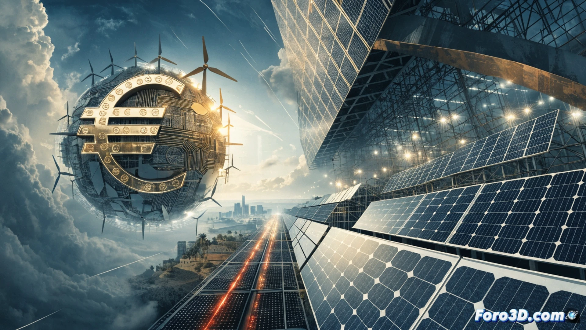 European Union flag dissolving into solar panels shaped like arrows pointing toward Chinese factories, while a large green money bag labeled with EU symbols splits open spilling euro coins onto a map showing Algeria and India, coins transforming into photovoltaic cells that flow toward Chinese wind turbine components, cinematic photorealistic engineering visualization, dramatic lighting with green and gold tones, solar inverter circuit boards glowing with warning symbols, power cables wrapping around industrial robotic arms, hyper-detailed mechanical textures, global supply chain metaphor, ultra-realistic metal and glass reflections