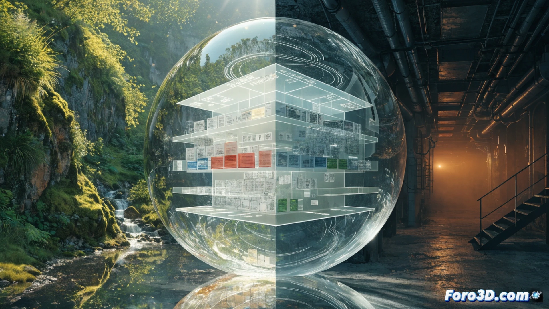 technical illustration of a fragmented glass jar labeled LIFE leaking green liquid into a bureaucratic maze of paper documents and stamping machines, European Union flag faintly visible in background, liquid evaporating into thin mist before reaching a dying tree, administrative gears crushing small plant sprouts, cold fluorescent office lighting, metallic filing cabinets, photorealistic engineering visualization, sharp focus on liquid dispersion, desaturated colors with green highlights, dramatic shadow contrast, hyper-detailed textures of paper fibers and glass shards
