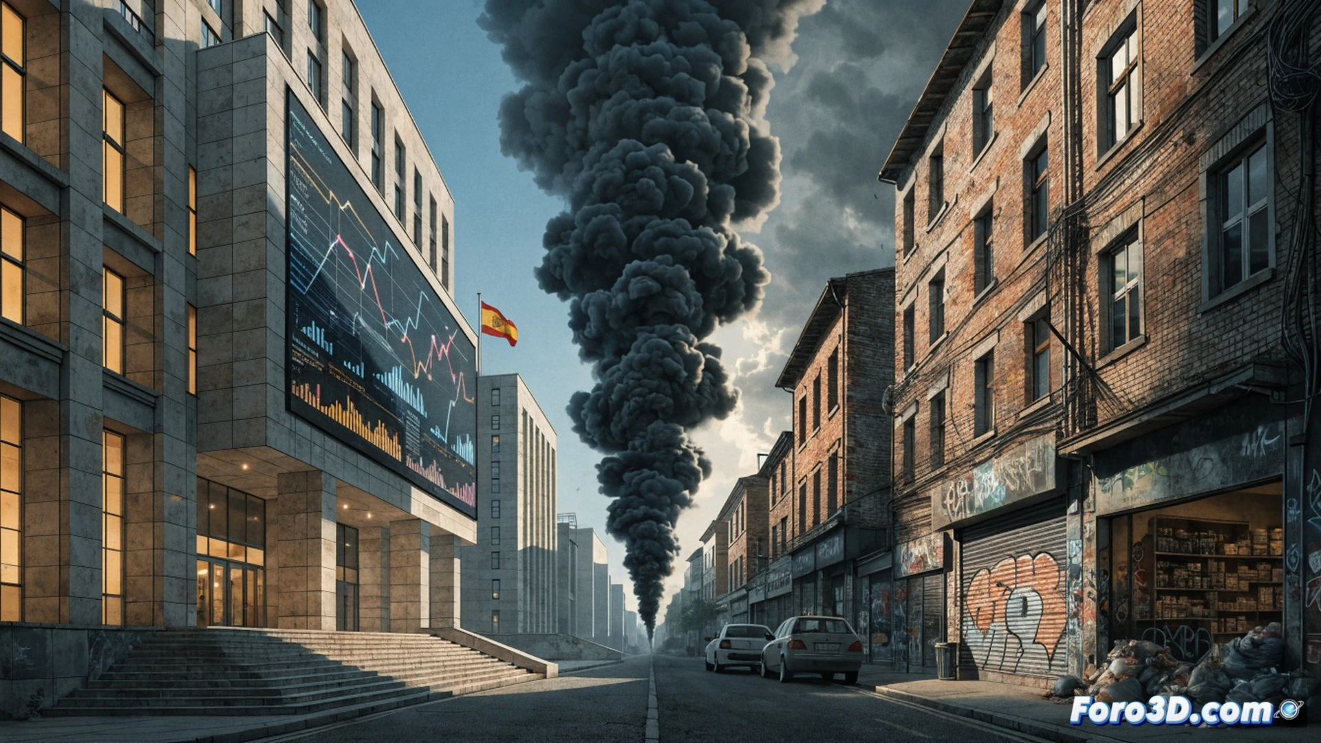 European Union banknotes burning inside a glass office tower, smoke rising past transparent financial documents with missing data blocks, small business owners and freelancers standing outside fogged glass walls unable to reach the funds, macro lens on crumbling paper edges and obscured project files, cinematic photorealistic visualization, cold blue-gray corporate lighting, smoke trails forming question marks, dust particles suspended in light beams, ultra-detailed bureaucratic setting, dramatic contrast between golden money and gray opacity, technical illustration style