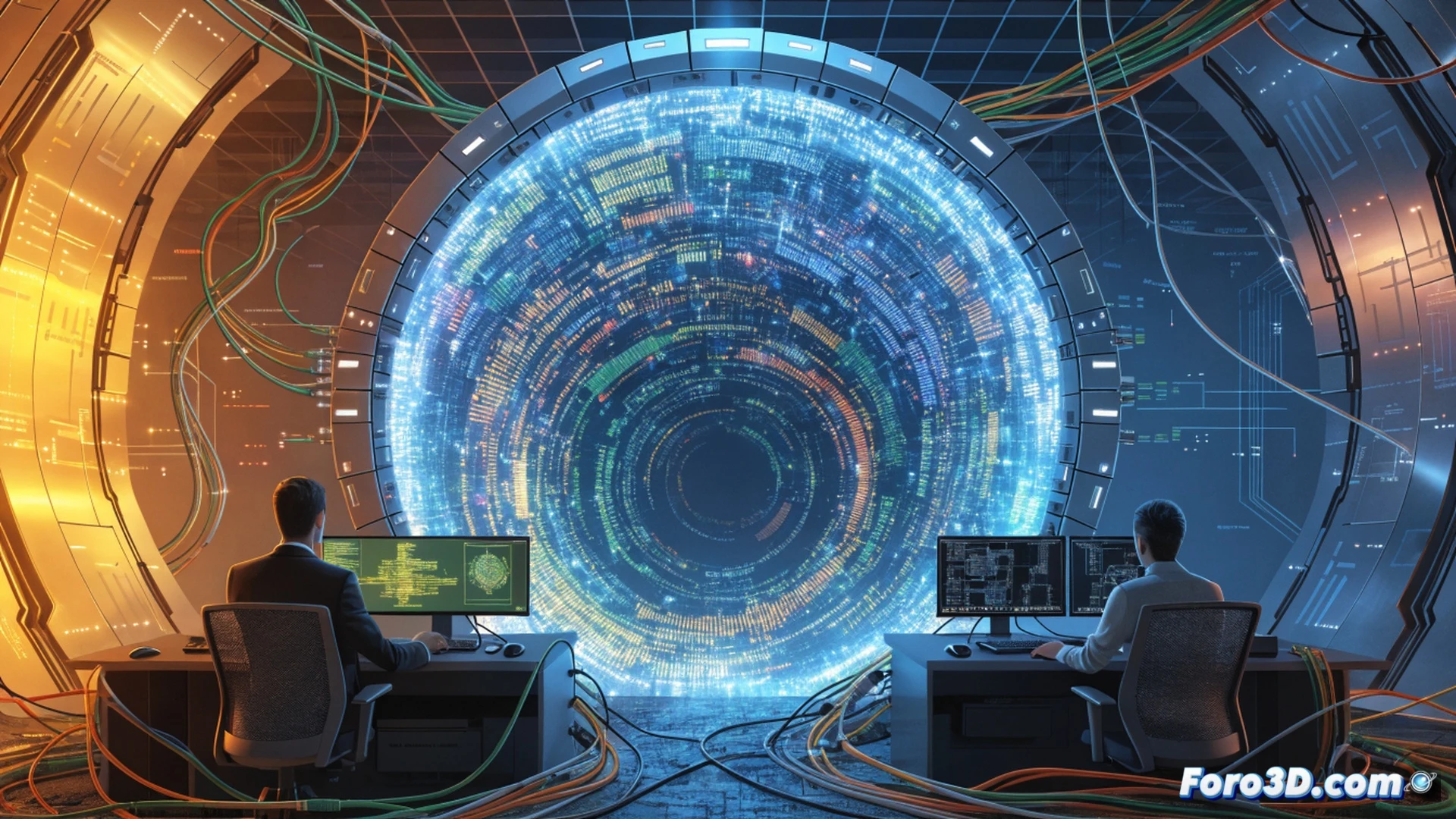 A government official holding a tablet with a European Union flag on the screen, standing in a modern control room, digital transformation dashboard displaying green energy graphs and code on a large monitor, while a construction crane lifts a solar panel outside the window, photorealistic technical illustration, cinematic lighting, ultra-detailed hardware, cables and servers visible in the background, action of demonstrating progress, warm metallic tones, realistic engineering visualization