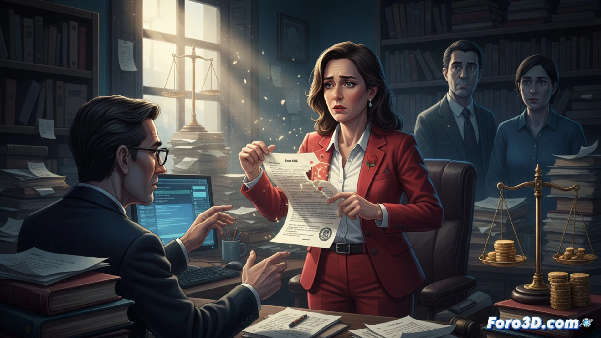 Guardia Civil agent analyzing encrypted chat logs on a laptop, showing a plumbing wrench and legal documents on a cluttered desk, a phone displaying a judge’s calendar being manipulated, while a woman in a plumber’s uniform stands behind a politician whispering, courtroom sketch visible through a window, photorealistic technical illustration, cold blue and grey lighting, forensic evidence markers on files, dramatic shadows, ultra-detailed textures of leather gloves and metal tools, cinematic composition