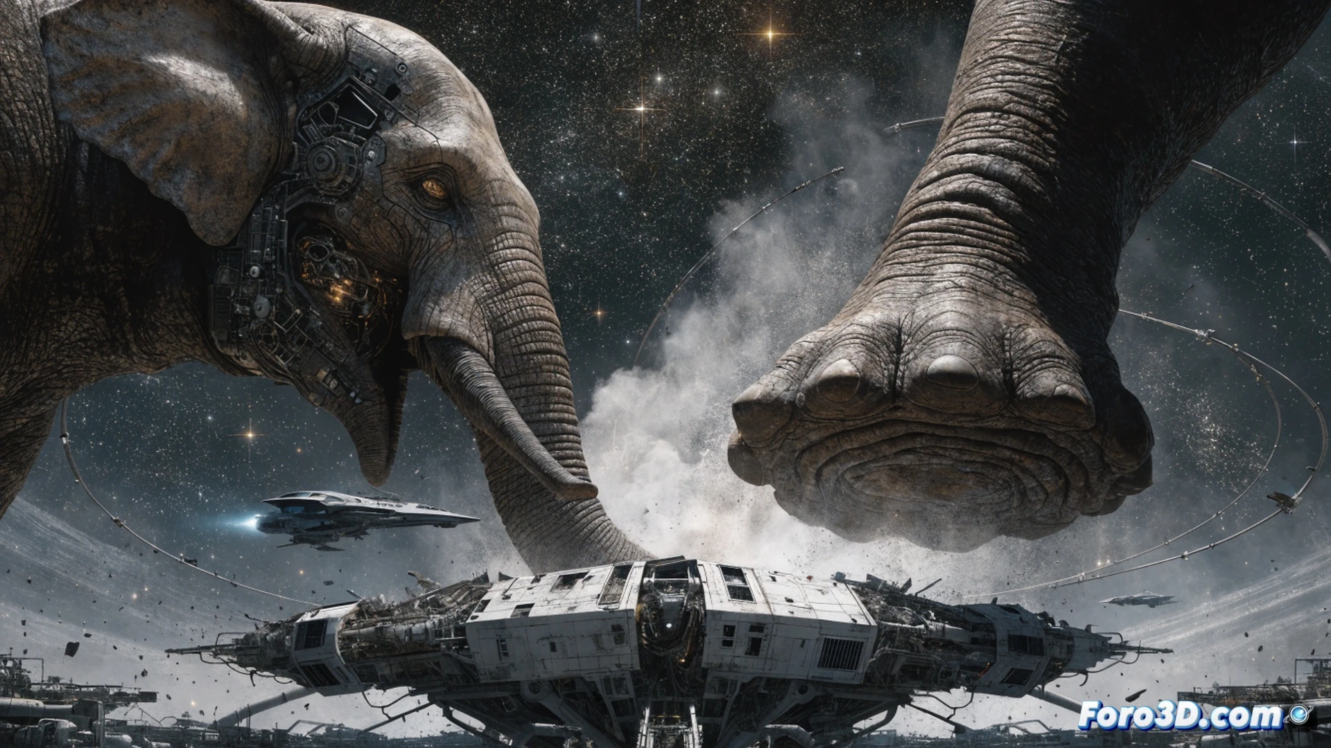 massive elephant-like Fithp alien spacecraft descending through Earth's atmosphere, metallic hull scarred by reentry, glowing plasma trails around its edges, human military jets firing missiles at the ship, explosions impacting the hull with orange fire, debris falling from the underside, soldiers on the ground launching portable anti-air weapons, smoke trails crisscrossing the sky, realistic sci-fi battle scene, cinematic photorealistic rendering, dramatic lighting from explosions and sunset, detailed mechanical joints on the alien craft, high contrast shadows, motion blur on missiles and aircraft, ultra-detailed texture on the elephant-shaped vessel, wide-angle perspective showing scale, dark storm clouds overhead, sparks and energy arcs around the hull