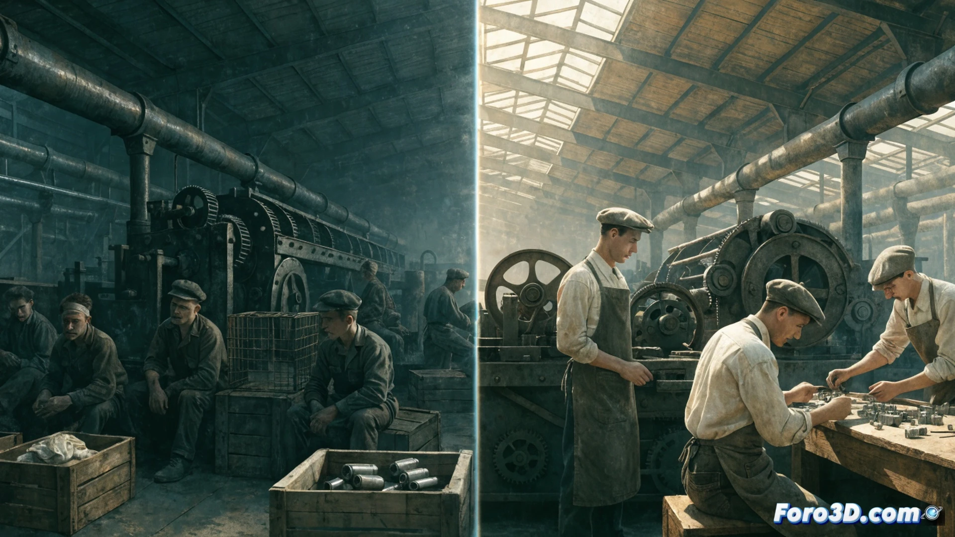 Ford factory 1914 scene, workers assembling Model T chassis on moving line, man receiving five silver dollars from foreman while smiling, crowd of job applicants visible through factory window, steam and oil haze in air, leather aprons and goggles on workers, mechanical belts and pulleys overhead, dramatic industrial lighting from skylights, photorealistic historical documentary style, gritty sepia tones with sharp metal highlights, detailed engine blocks and tools on workbenches, sense of motion and productivity