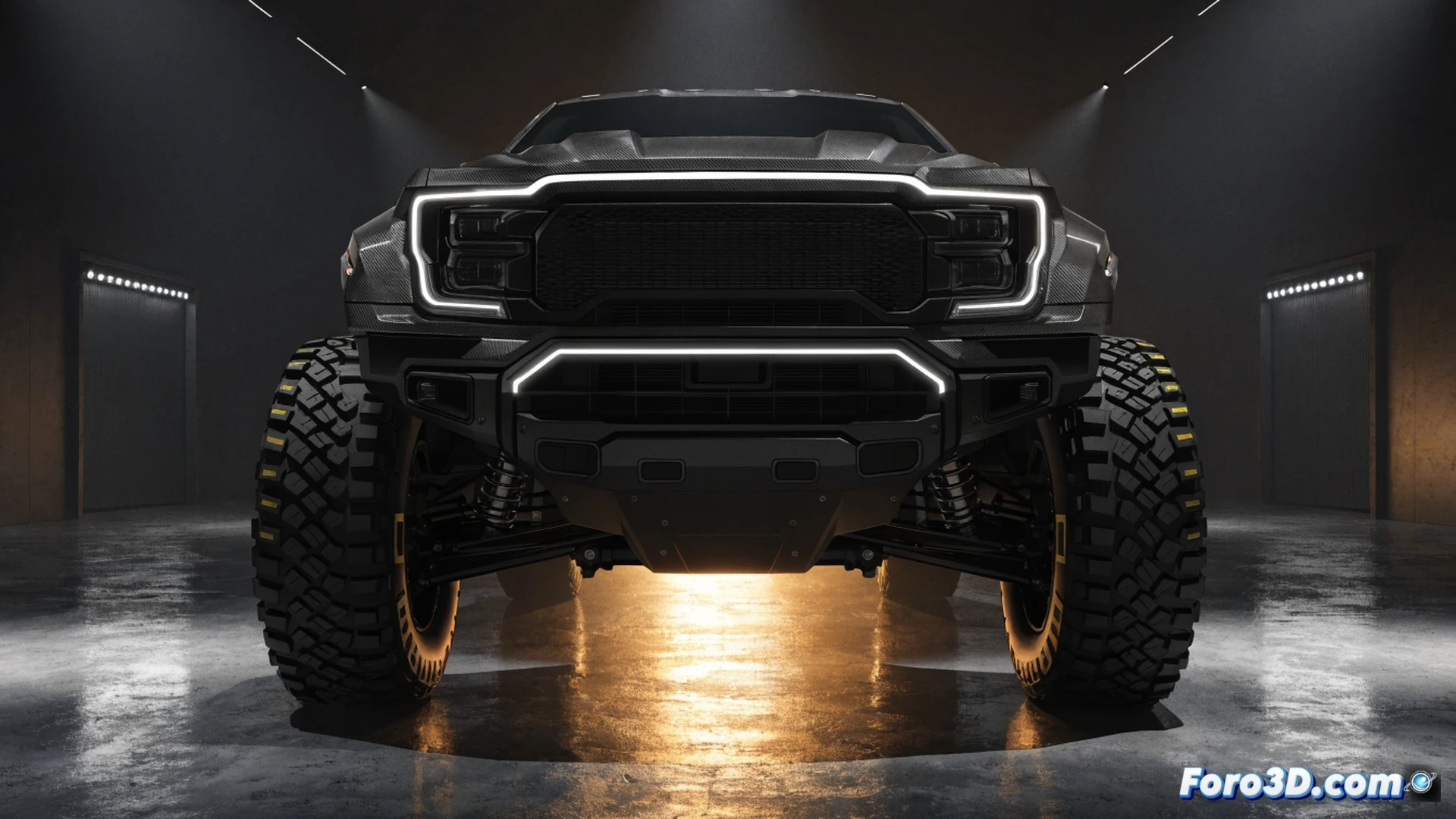 Ford F-150 Raptor R 2027 atravesando un paisaje europeo de montaña a alta velocidad, ruedas traseras levantando polvo y grava, motor V8 expuesto bajo el capó parcialmente abierto mostrando pistones y colectores de escape, humo saliendo del sistema de escape doble, fondo con señales de tráfico alemán borrosas por el movimiento, estilo cinematográfico fotorrealista, iluminación dramática al atardecer, detalles metálicos del chasis y suspensión off-road, acción dinámica de conducción extrema