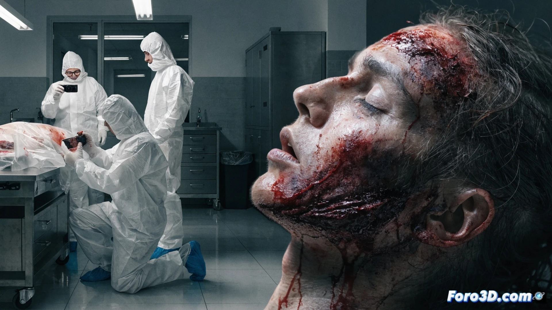 forensic autopsy room scene, pathologist using a magnifying lens and scalpel over an uncovered body on a stainless steel table, digital microscope screen displaying tissue damage evidence, blue latex gloves, soft overhead surgical lighting, crime scene photo of a domestic bedroom pinned to a backlit lightboard, police officer observing while holding a tablet with forensic data, photorealistic technical illustration, cold clinical atmosphere, sharp focus on the scalpel tip and screen details, dramatic shadows, ultra-detailed medical instruments