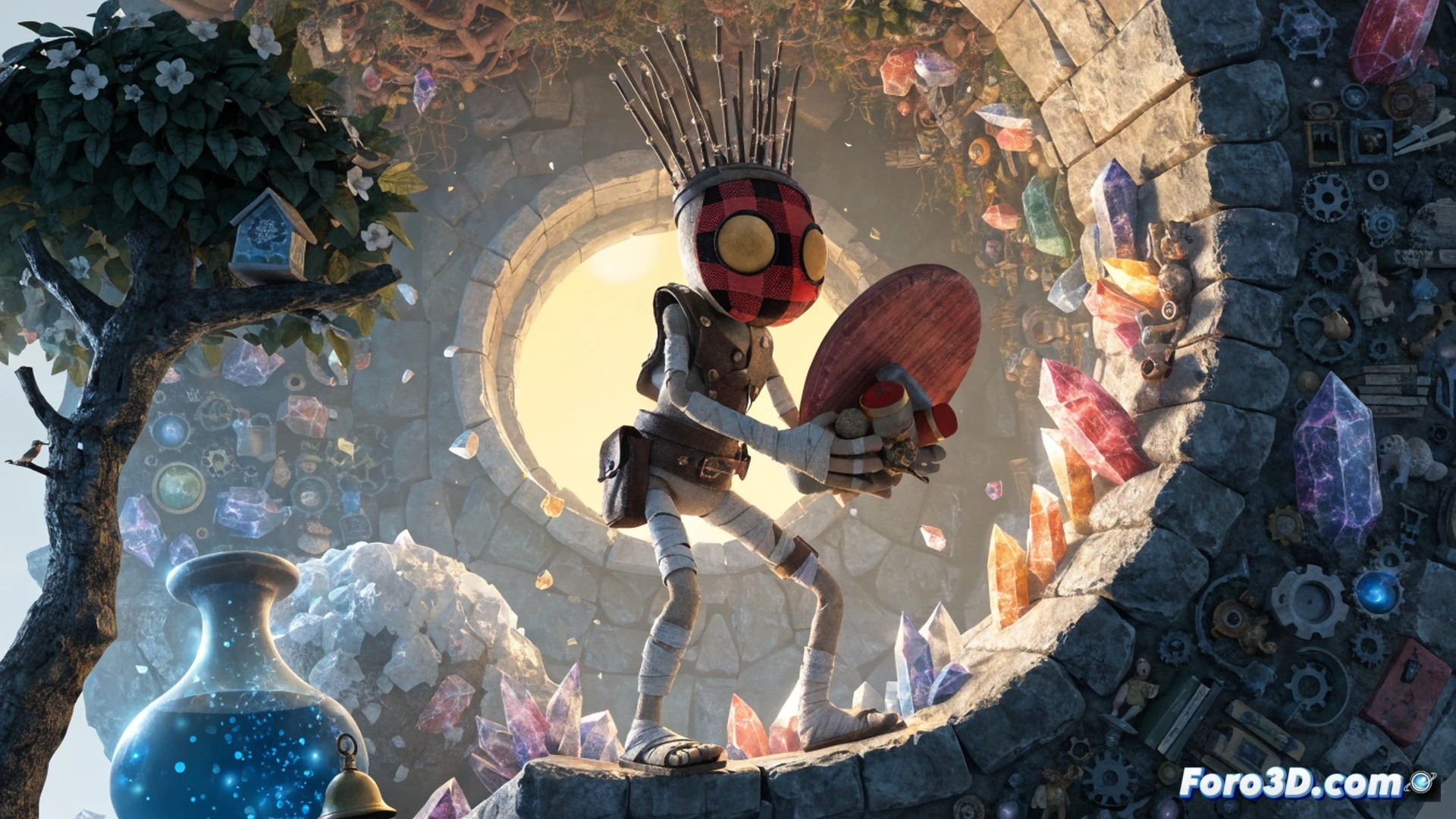 2D action adventure game scene, a stitched doll protagonist running through a magical forest while holding a glowing lost object, animated style resembling a cinematic cartoon, bright colorful lighting, dynamic motion blur around the doll’s arms and legs, floating particles of lost memories drifting in the air, detailed hand-drawn textures on the doll’s fabric body, soft volumetric light rays breaking through tree canopy, ultra-detailed background foliage with layered parallax depth, photorealistic technical illustration of gameplay action
