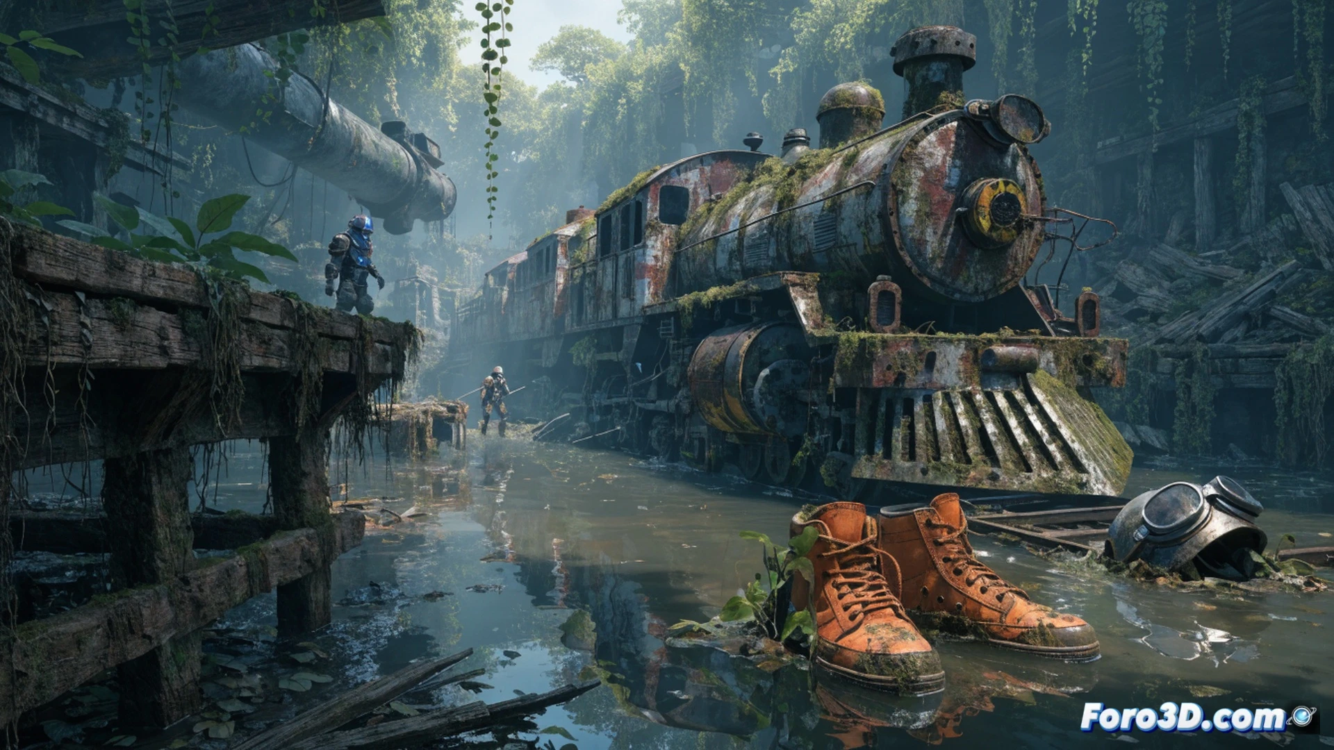 swamp zone at dusk, player character aiming a plasma rifle at a damaged robot torso, sparks flying from its chest cavity, scattered colorful shoes and miniature train models on muddy ground, holographic merit counter glowing on wrist device, industrial pipes and ruined residential walls in background, cinematic photorealistic render, dynamic action pose, debris particles floating, dramatic low-angle lighting, ultra-detailed rusted metal textures, soft fog over swamp water, high-contrast shadows, technical illustration style with mechanical focus