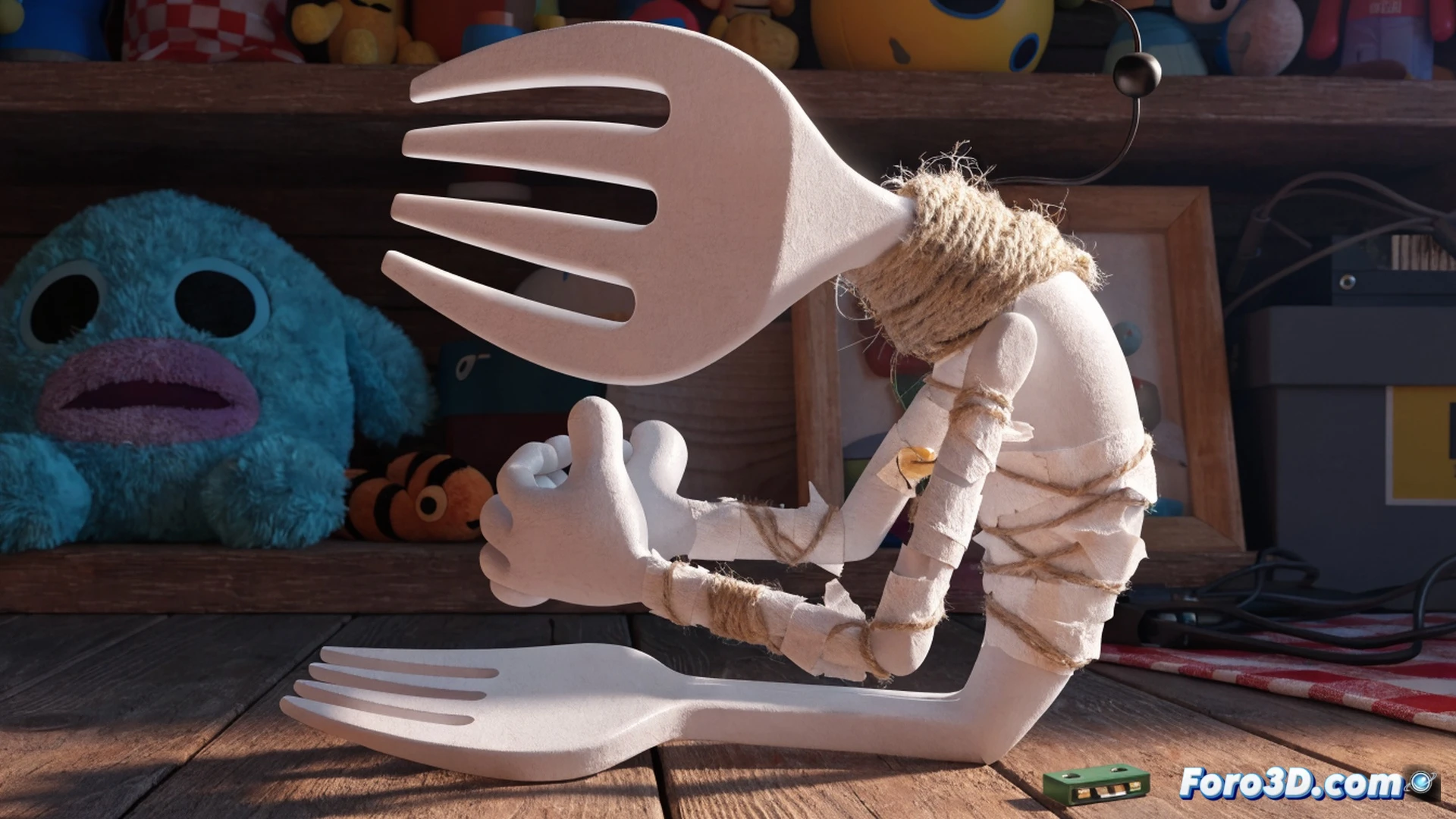 plastic fork with googly eyes and pipe cleaner arms emerging from a half-open cardboard box labeled with crayon scribbles, fork struggling against its own reflection in a cracked mirror, scattered craft supplies and broken toys on a messy workshop table, dust motes floating in warm afternoon light streaming through a window, cinematic photorealistic style, dramatic chiaroscuro lighting, shallow depth of field, fork’s shadow cast larger than its body, emotional tension in the pose, hyper-detailed plastic texture, worn wood grain surface, technical still life composition