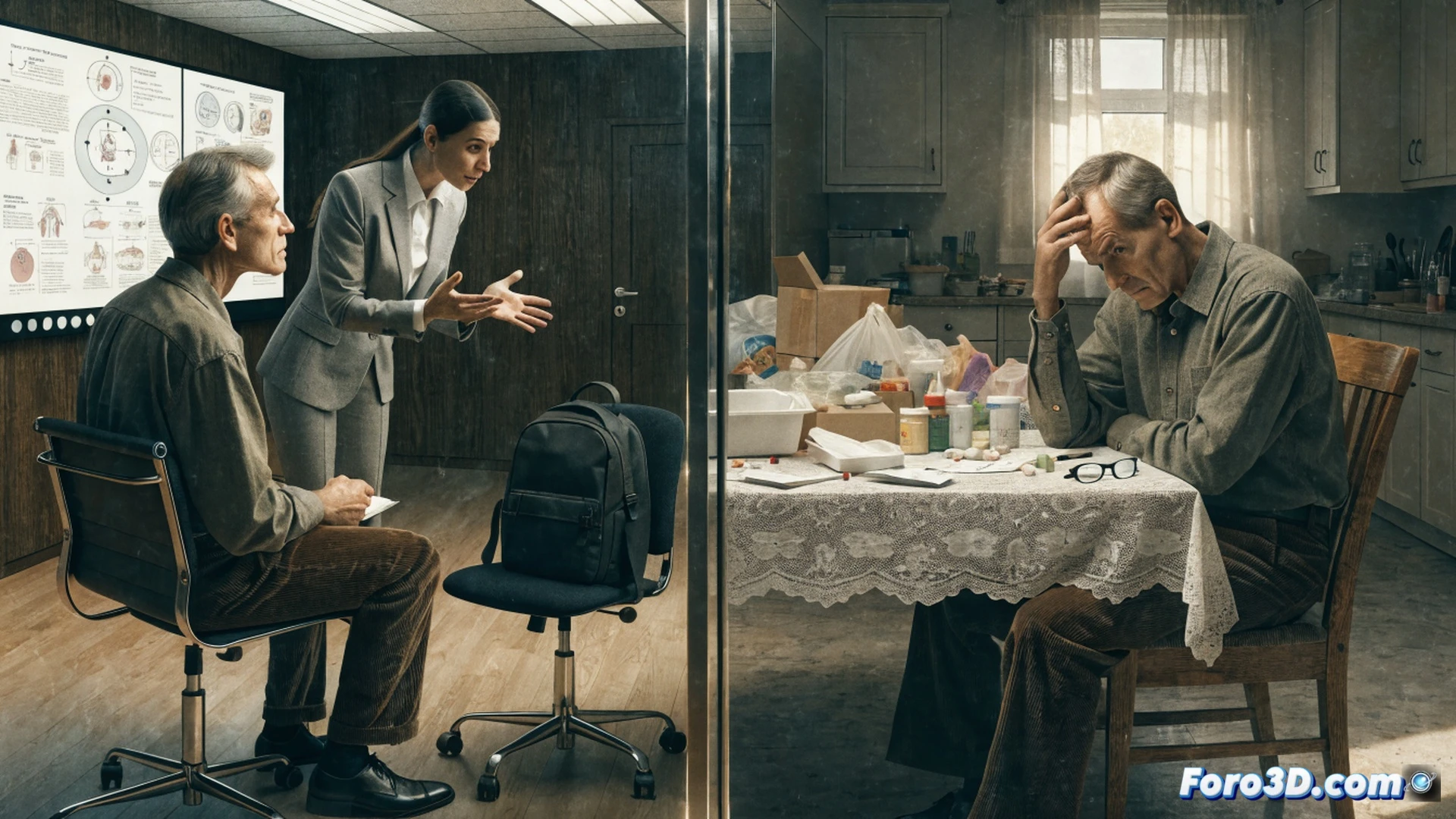 photorealistic scene of an exhausted middle-aged woman sitting at a cluttered kitchen table, surrounded by medical pill bottles, a blood pressure monitor, and a tablet displaying a paused caregiver training video, her hand pressing her forehead in frustration while an elderly relative in a wheelchair waits in the background, soft gray daylight filtering through a dusty window, empty chair across from her symbolizing absent support, cinematic lighting with deep shadows, hyper-detailed textures of wrinkled hands and worn furniture, technical medical devices scattered, emotional fatigue visible in posture and face, photorealistic documentary-style render