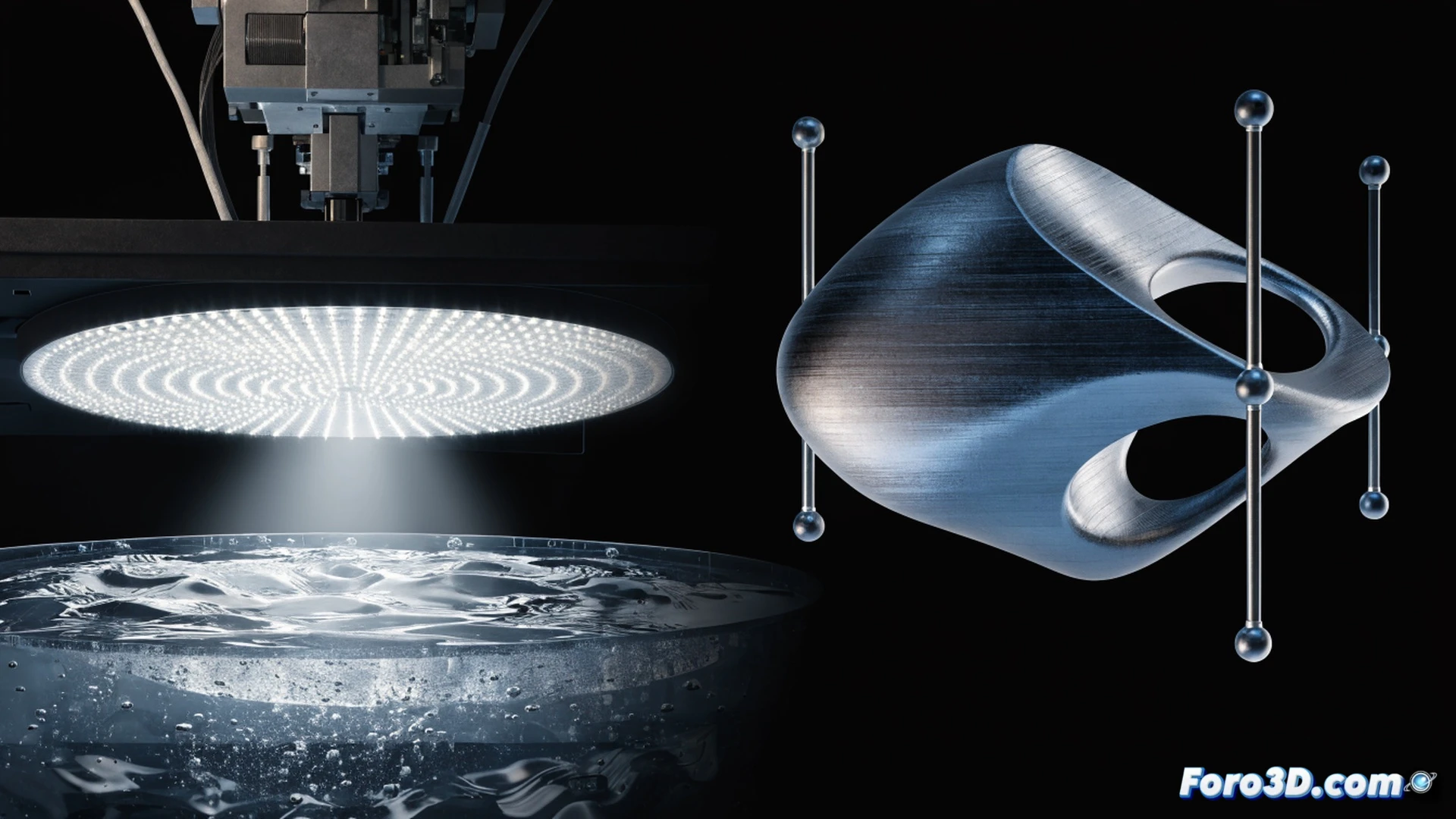 Formlabs Form 4 printer mid-operation, transparent resin tank illuminated by intense blue UV light engine, rapid layer curing process shown with a complex mechanical gear part emerging from liquid resin, build platform rising smoothly while microscopic support structures hold intricate overhangs, high-speed photopolymerization creating visible light patterns across the print surface, cinematic engineering visualization, photorealistic industrial render, polished aluminum frame, condensation droplets on tank edges, motion blur on rising platform, dramatic side lighting emphasizing precision mechanics, ultra-detailed optical components and linear rail system
