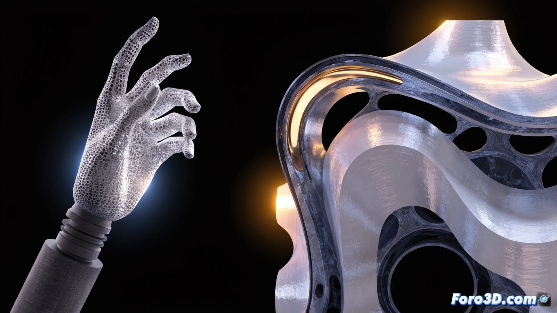 industrial 3D printer nozzle depositing molten titanium layer onto a custom prosthetic leg, robotic arm adjusting build platform during additive manufacturing process, CAD software interface projected as holographic overlay showing real-time stress analysis, glowing orange print bed with fine powder particles scattering, medical technician in cleanroom suit monitoring progress, cinematic engineering visualization, metallic gradient lighting from blue to amber, hyper-detailed mechanical components, wireframe lattice structures visible inside transparent chamber, photorealistic technical render, dust particles illuminated by laser calibration beams