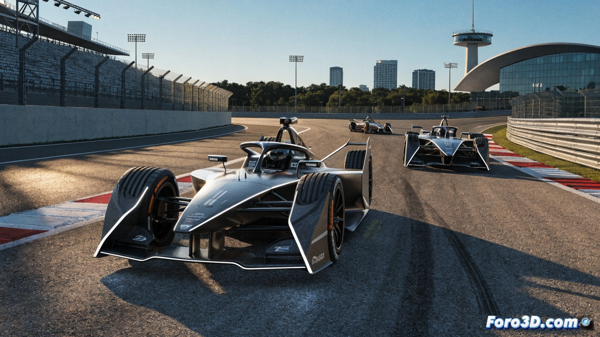 electric racing car Gen4 drifting at high speed on Circuit of the Americas straight, rear diffuser glowing with heat, sparks flying from tire contact with asphalt, front wing slicing through air with visible aerodynamic vortex trails, pit wall timing screens showing sprint race countdown, motion blur on rotating wheels, photorealistic engineering visualization, dramatic sunset lighting casting long shadows, carbon fiber body reflecting track lights, realistic particle effects from tire debris, ultra-detailed suspension components, cinematic action shot