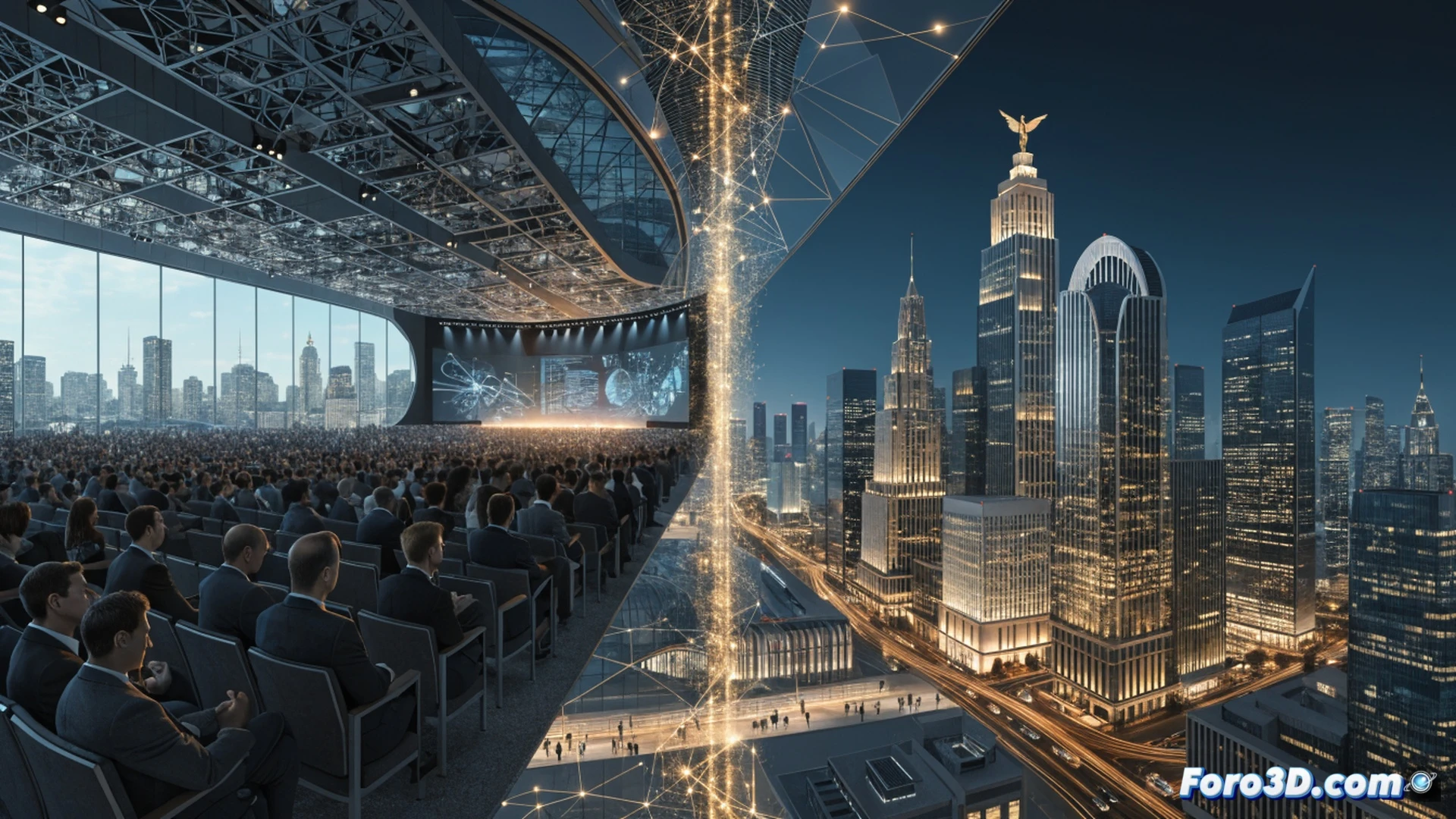 modern business conference hall in Tashkent, large digital screen showing financial graphs and world map with 102 country flags, diverse attendees in business attire shaking hands and exchanging documents during networking session, holographic project models floating above central table showing infrastructure and energy projects, engineers and investors pointing at technical blueprints on tablets, dramatic cinematic lighting with warm gold tones, ultra-detailed photorealistic interior, glass walls revealing city skyline, dynamic action of deal signing and project demonstration, technical illustration style
