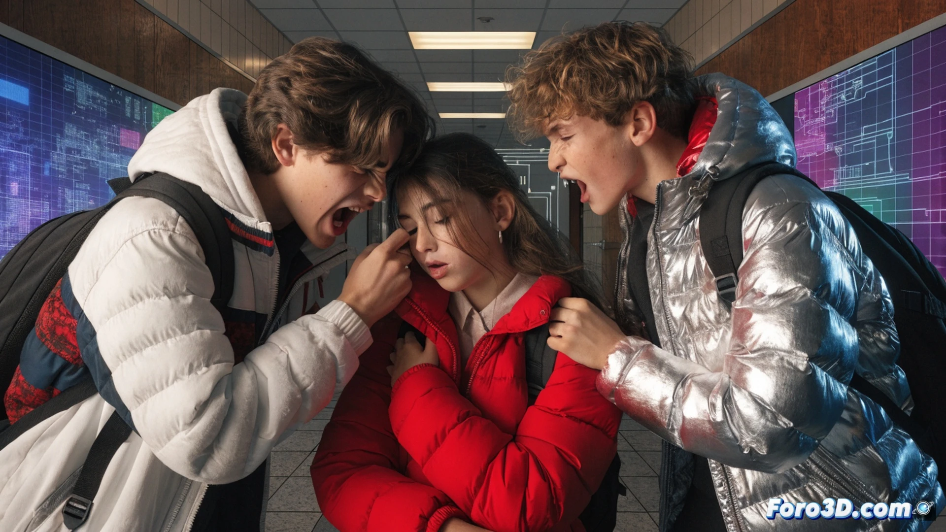 adolescentes encapuchados frente a pantallas de ordenador en una habitación oscura, foro de odio digital mostrando mensajes de incitación a la violencia, uno de ellos tecleando mientras el otro observa, dispositivos móviles sobre la mesa, cables y auriculares gaming, iluminación de pantalla azulada sobre rostros tensos, ambiente opresivo, estilo cinematográfico realista, enfoque nítido en expresiones concentradas, detalles de hardware como teclado retroiluminado y monitor curvo, sombras dramáticas, composición de thriller psicológico