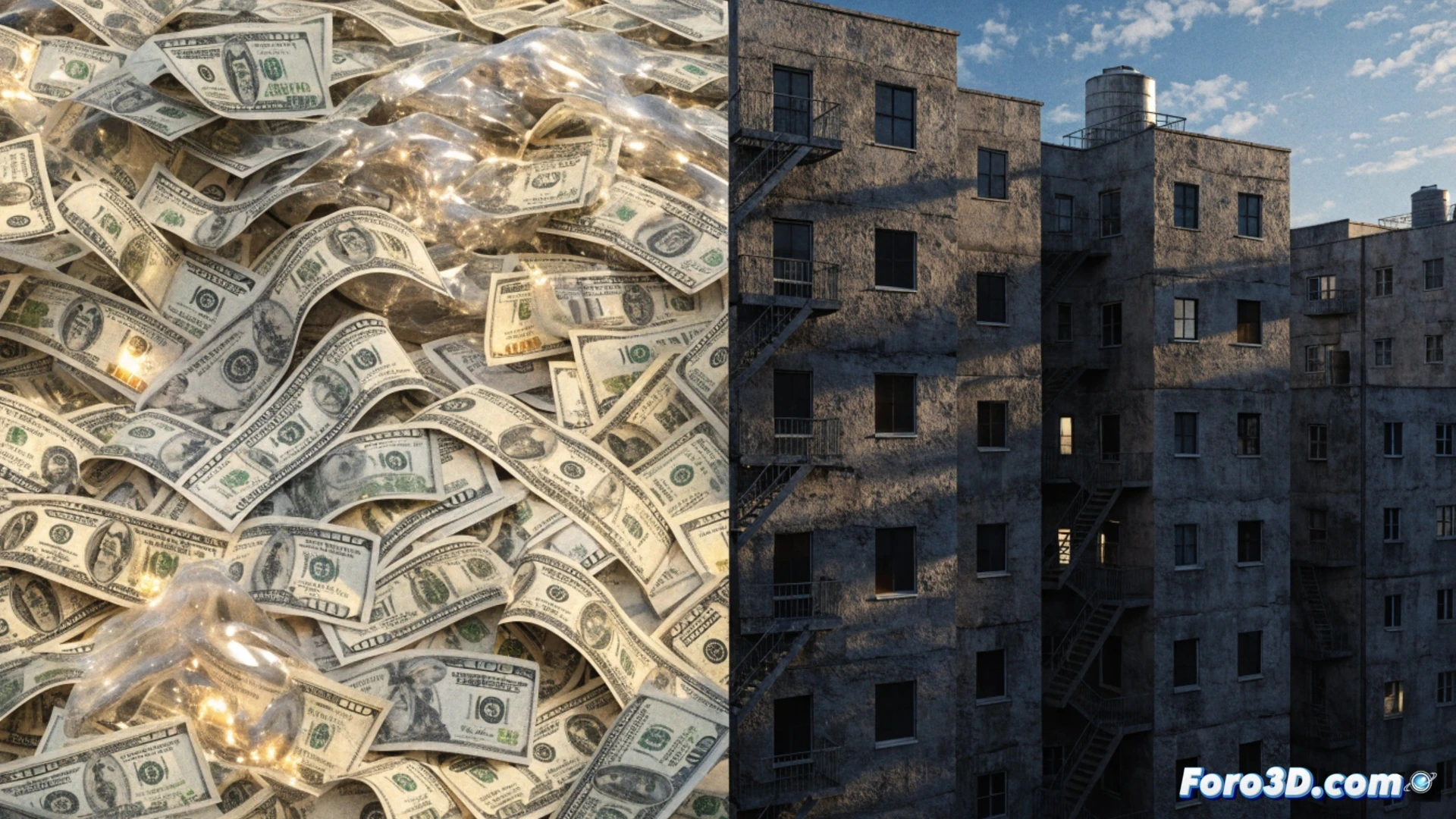 photorealistic scene of a luxury skyscraper made of stacked dollar bills crumbling at the base while a concrete housing block foundation cracks and splits, small figures of families struggling to hold up the concrete walls while a few shadowy figures in suits balance on the paper tower, heavy financial ledgers and stock certificates floating down like debris, dramatic cinematic lighting with gold and grey tones, ultra-detailed textures of paper, concrete, and human strain, technical illustration style showing structural failure and material contrast