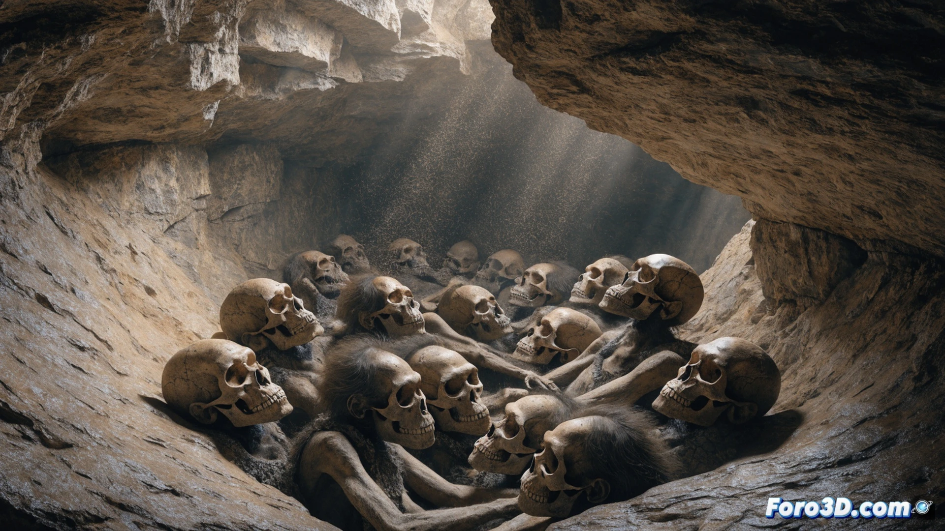 Paleontólogos examinando una fosa común excavada en suelo rocoso sudafricano, con al menos veinte esqueletos femeninos de Homo naledi dispuestos en posición fetal, técnicos usando cepillos y herramientas de medición láser durante el proceso de extracción, iluminación tenue de linternas frontales reflejándose en huesos fósiles, fondo de caverna de piedra caliza con estratos visibles, estilo cinematográfico fotorrealista, texturas de sedimento granular, sombras dramáticas, detalle anatómico preciso en cráneos y pelvis, ambiente de descubrimiento científico solemne.
