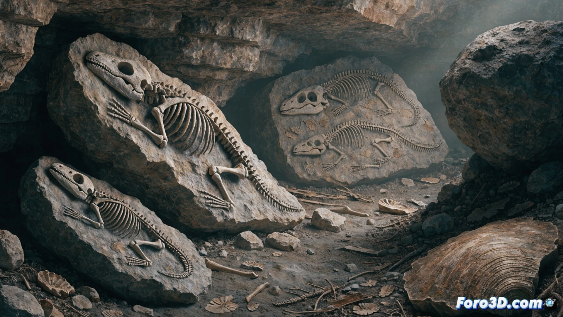 Ancient amphibian fossil excavation scene, paleontologists using fine brushes and dental picks uncovering a 308-million-year-old juvenile tetrapod skeleton in dark sedimentary rock, the fossil shows fully formed adult-like body structure without external gill remnants, demonstrating direct development without metamorphosis, scientific illustration style, dramatic side lighting from headlamps, rock layers and sediment textures visible, measuring scale bars and field notebooks nearby, photorealistic paleontological visualization, ultra-detailed bone preservation, realistic rock matrix, cinematic natural history museum lighting, technical fossil preparation tools in action.