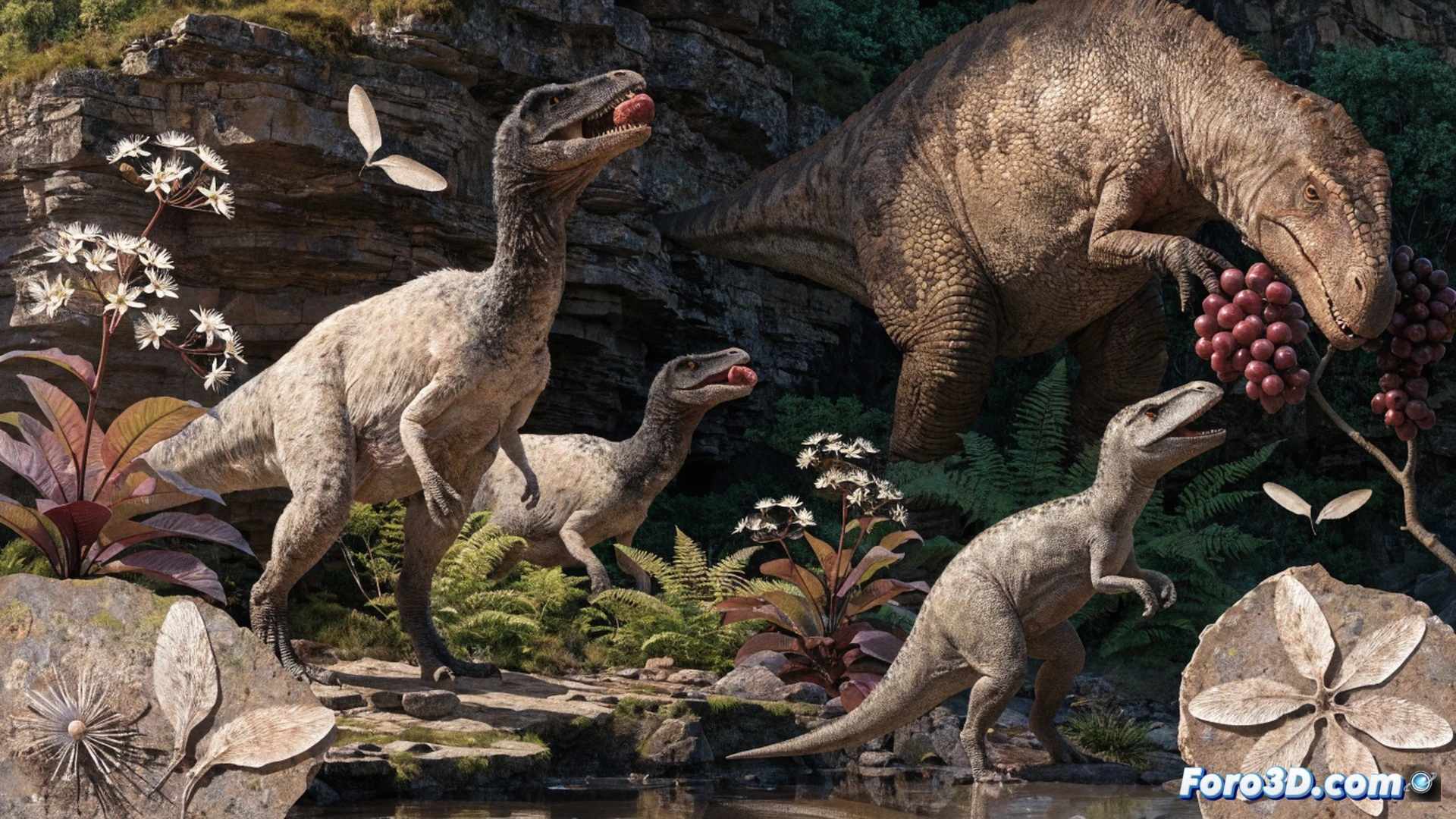 Cretaceous forest floor scene, a dinosaur with scaly skin reaching up to eat bright red fleshy fruits from a flowering plant, winged seeds falling and being carried by wind while smaller creatures scatter others, fossilized imprints visible in layered sedimentary rock nearby, photorealistic paleontological illustration, warm golden sunlight filtering through ancient foliage, soft shadows and dust particles in air, detailed botanical structures showing fruit flesh and seed wings, realistic dinosaur anatomy with textured skin, dramatic natural lighting, ultra-detailed prehistoric environment render