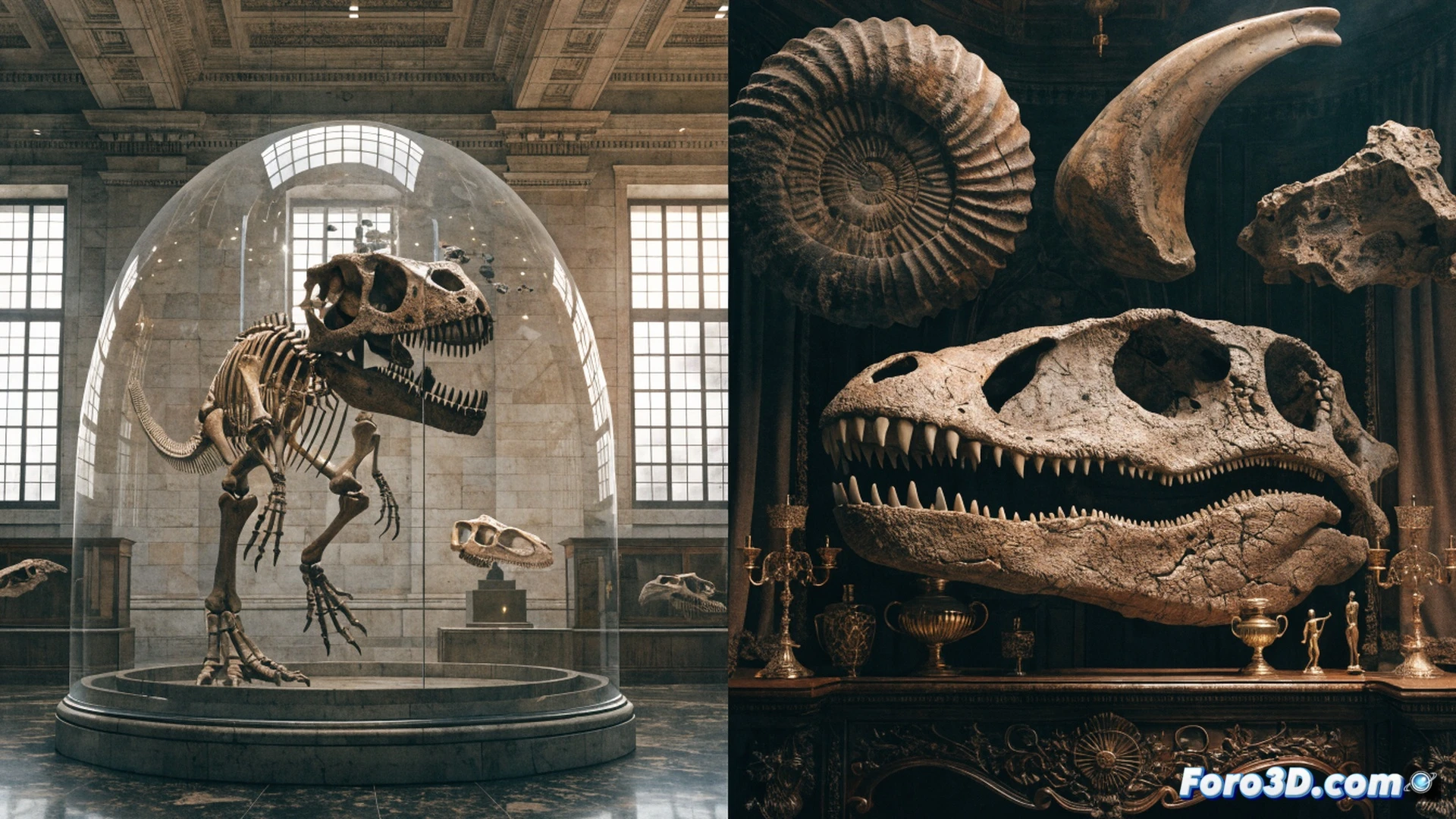 museum exhibition hall with empty display cases, a T-Rex skull being carried by movers toward a private jet on a tarmac, paleontologist with clipboard watching helplessly, auction paddle lying on the floor, marble pedestal abandoned with dust settling, dramatic contrast between sterile white gallery and opulent private lounge visible through glass doors, cinematic photorealistic style, cold blue institutional lighting clashing with warm gold chandelier glow, ultra-detailed fossil textures, motion blur on the skull transport, melancholic atmosphere, technical architectural visualization