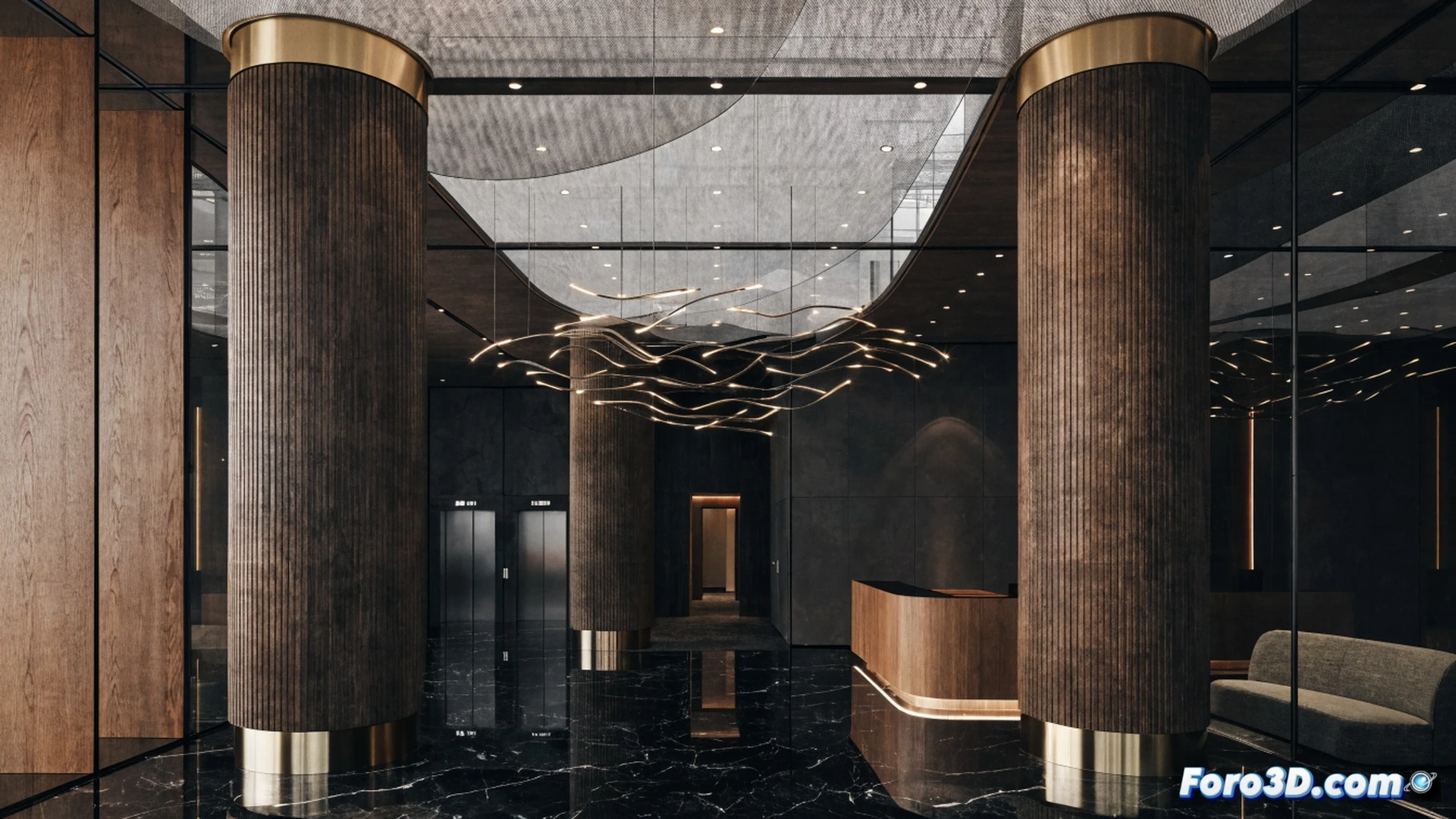 Renovated luxury hotel lobby in Tokyo’s financial district, a uniformed concierge adjusting a sleek tablet displaying a floor plan, while a master carpenter installs a custom wood-paneled wall behind the check-in desk, fine sawdust particles catching warm ambient light, wide-angle perspective showing intimate seating areas and polished marble floors, cinematic architectural photography, ultra-detailed interior materials, soft golden-hour glow through floor-to-ceiling windows, photorealistic high-end hospitality render