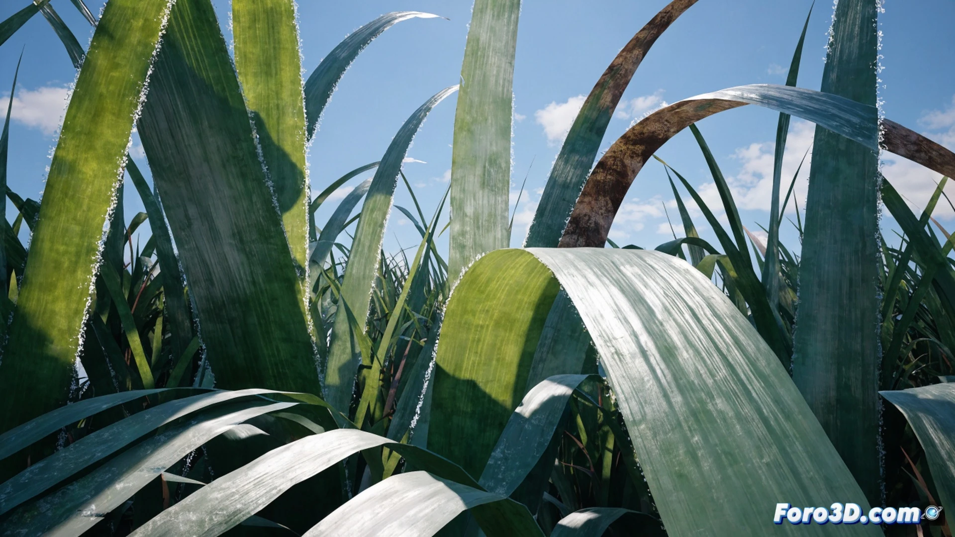 ant-scale blade of grass towering over a tiny humanoid figure at ground level, extreme depth of field blurring background into soft green bokeh, Unreal Engine 5 Nanite wireframe overlay visible on one grass blade demonstrating polygonal geometry management, photorealistic cinematic lighting with sunbeams piercing through dense foliage, dew droplets refracting light on leaf surface, insect-scale perspective emphasizing monumental scale, technical visualization with subtle grid lines on ground plane, real-time rendering performance stats HUD faintly visible in corner, ultra-detailed macro textures on grass veins and soil particles, dramatic contrast between sharp foreground and atmospheric haze