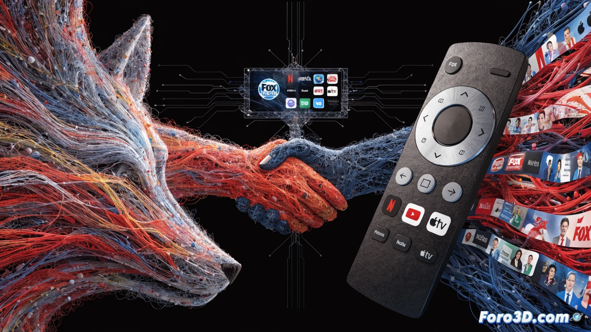 Roku streaming interface transforming, Fox News and Fox Sports logos emerging as dominant icons while other app tiles fade into background, smart TV remote hovering over screen with glowing Fox branding, interface grid shifting to prioritize conservative content, digital neutral scales tipping and breaking apart, cinematic photorealistic technical illustration, ultra-detailed UI elements with glassmorphism effects, dramatic side lighting casting long shadows across the interface, streaming buffer wheel spinning slowly on faded competitor apps, metallic remote casting blue LED glow on the screen surface, high-contrast corporate color scheme of red and blue, 4K texture resolution on every pixel of the interface
