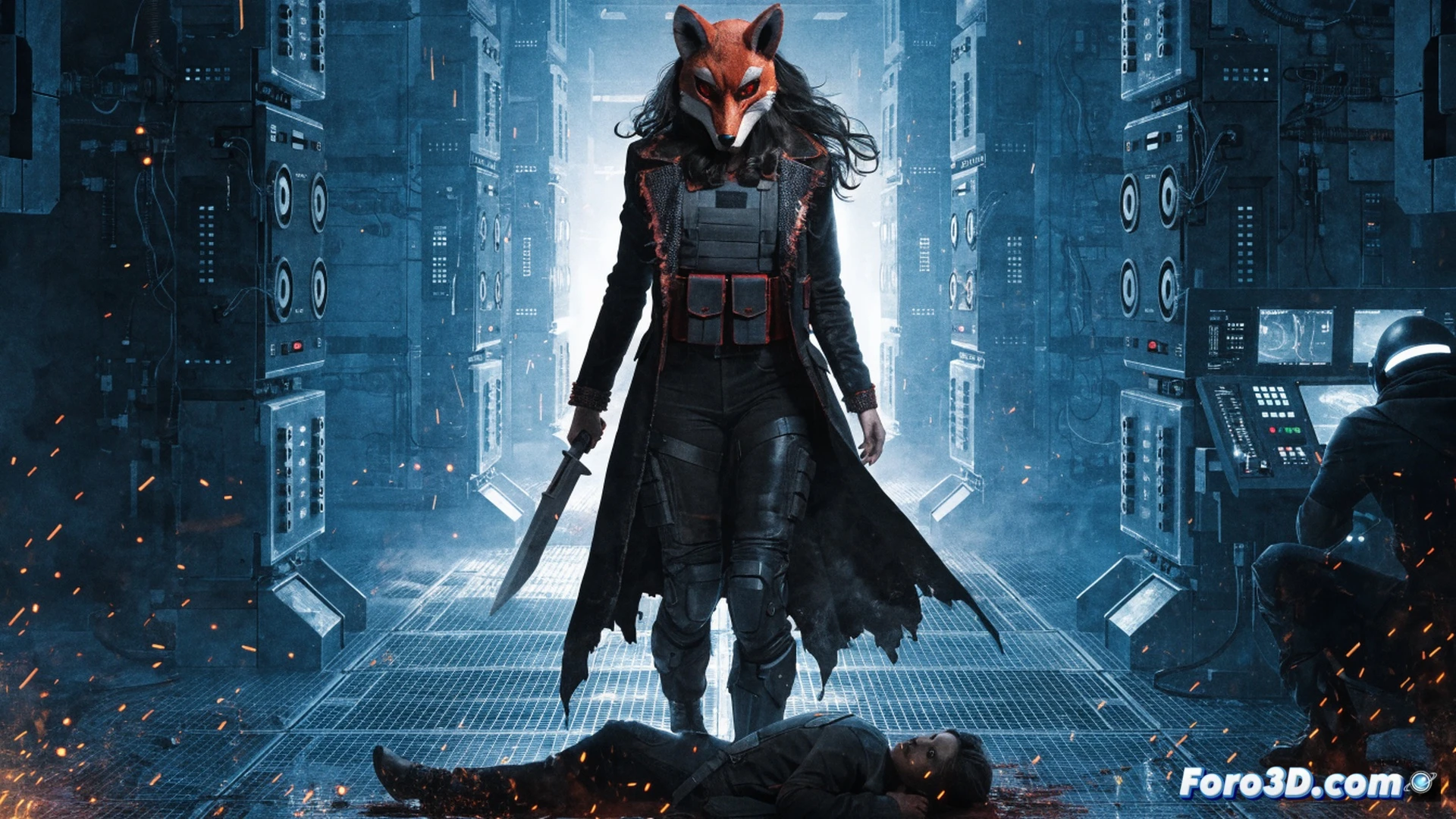 A female assassin in a dark alley at night, wearing a fox mask partially removed to reveal a scarred face, holding a bloodied combat knife while a silenced pistol lies on wet asphalt nearby, abandoned briefcase with sniper rifle components spilling out, shadowy silhouette of a trailing figure in a doorway, cinematic noir style, dramatic side lighting from a flickering neon sign, rain-slicked leather jacket, motion blur on falling raindrops, photorealistic crime thriller render, gritty urban atmosphere, intense action scene showing her moment of hesitation during an escape.