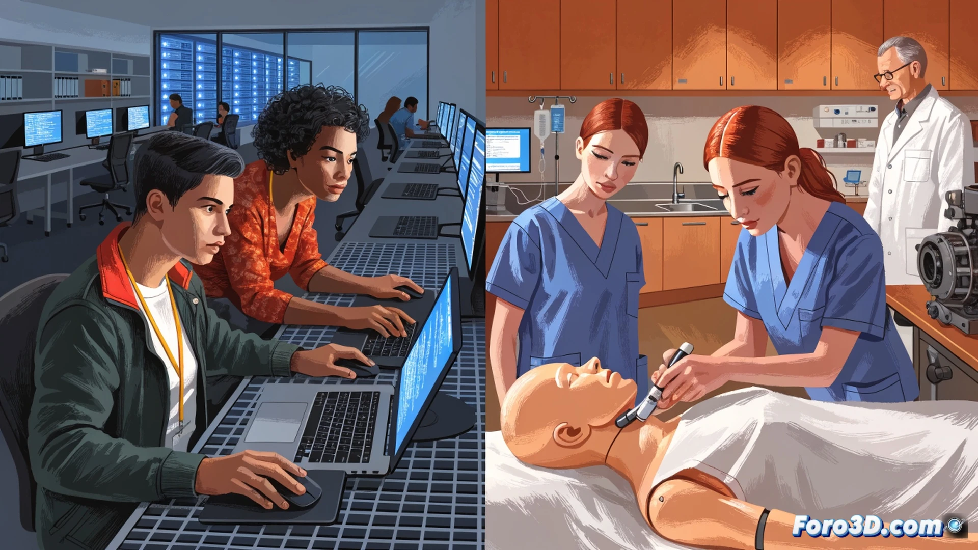 Photorealistic technical illustration of a modern vocational training workshop in Seville, three students actively assembling a robotic arm while another adjusts a diagnostic tablet connected to a car engine, server racks with blinking LEDs in background, welding torch and multimeter on workbench, motion blur on rotating gears, warm industrial lighting with blue screen glow, detailed mechanical components and cables, clean organized space, cinematic depth of field, engineering visualization style