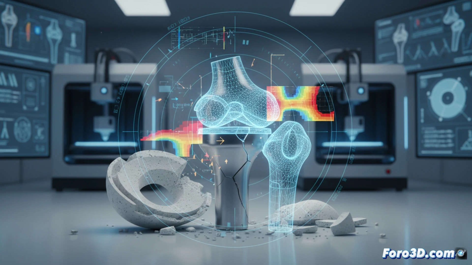 Fractura de articulación artificial, implante metálico dañado, simulación 3D de estrés biomecánico