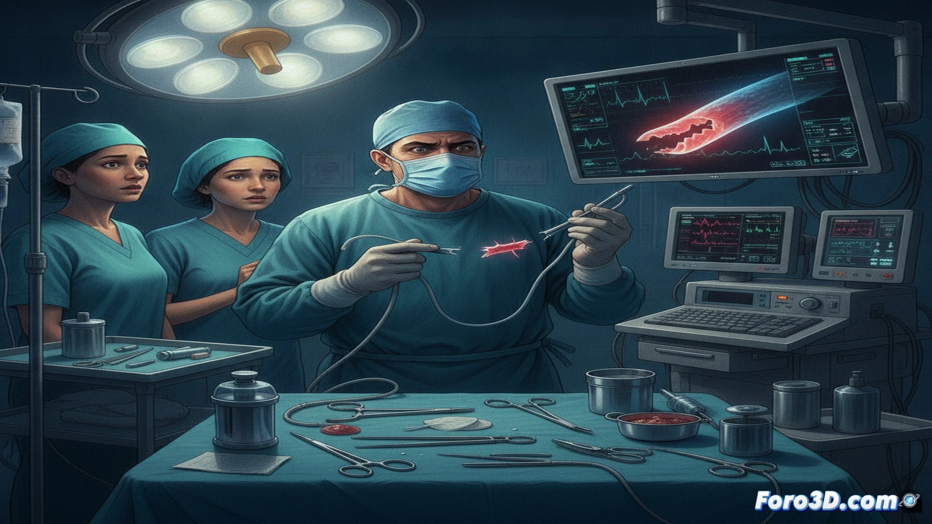 quirúrgico mostrando fractura de catéter central durante extracción, fragmento roto de 2 cm migrando hacia vena subclavia, pinza hemostática sosteniendo segmento proximal, campo estéril con gasas manchadas de sangre, pantalla de fluoroscopia en vivo mostrando embolización del fragmento, tensión en guantes quirúrgicos y rostro parcial del cirujano, iluminación fría de quirófano, estilo photorealistic technical illustration, ultra-detailed textura de catéter de poliuretano seccionado, alta definición dramática, foco en acción de rescate vascular