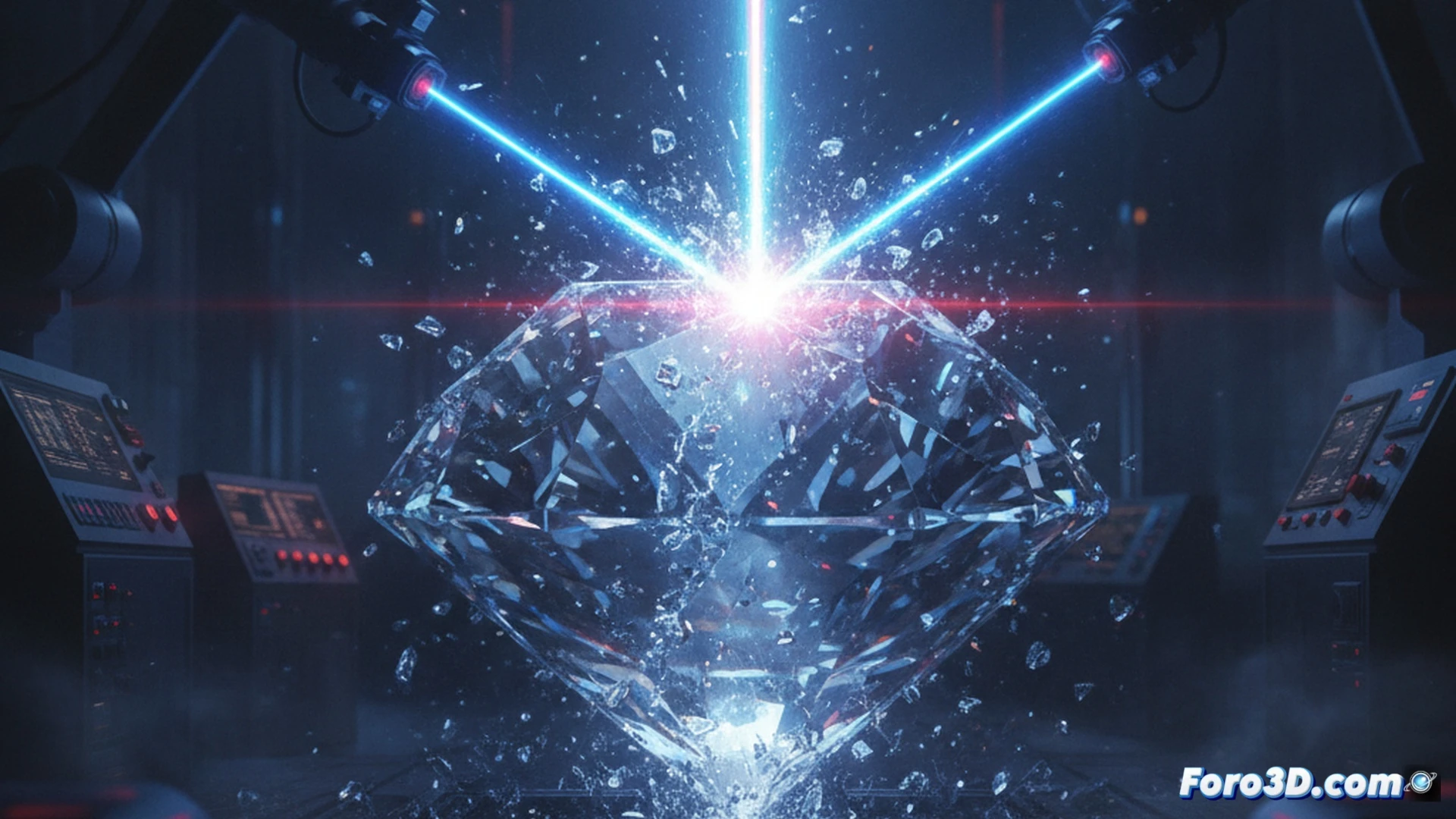 Diamond crystal being split by a focused laser beam, intense white-hot focal point at the cleavage plane, microscopic fractures radiating outward in a starburst pattern, diamond surface showing internal stress lines and refractive rainbow glints, industrial cutting machine arm holding the laser emitter, polished metallic worktable with precision clamps, cooling mist evaporating on contact, technical engineering visualization, ultra-sharp focus on the fracture propagation, dark background with dramatic side lighting, photorealistic industrial render, high-contrast shadows highlighting the diamond's faceted edges