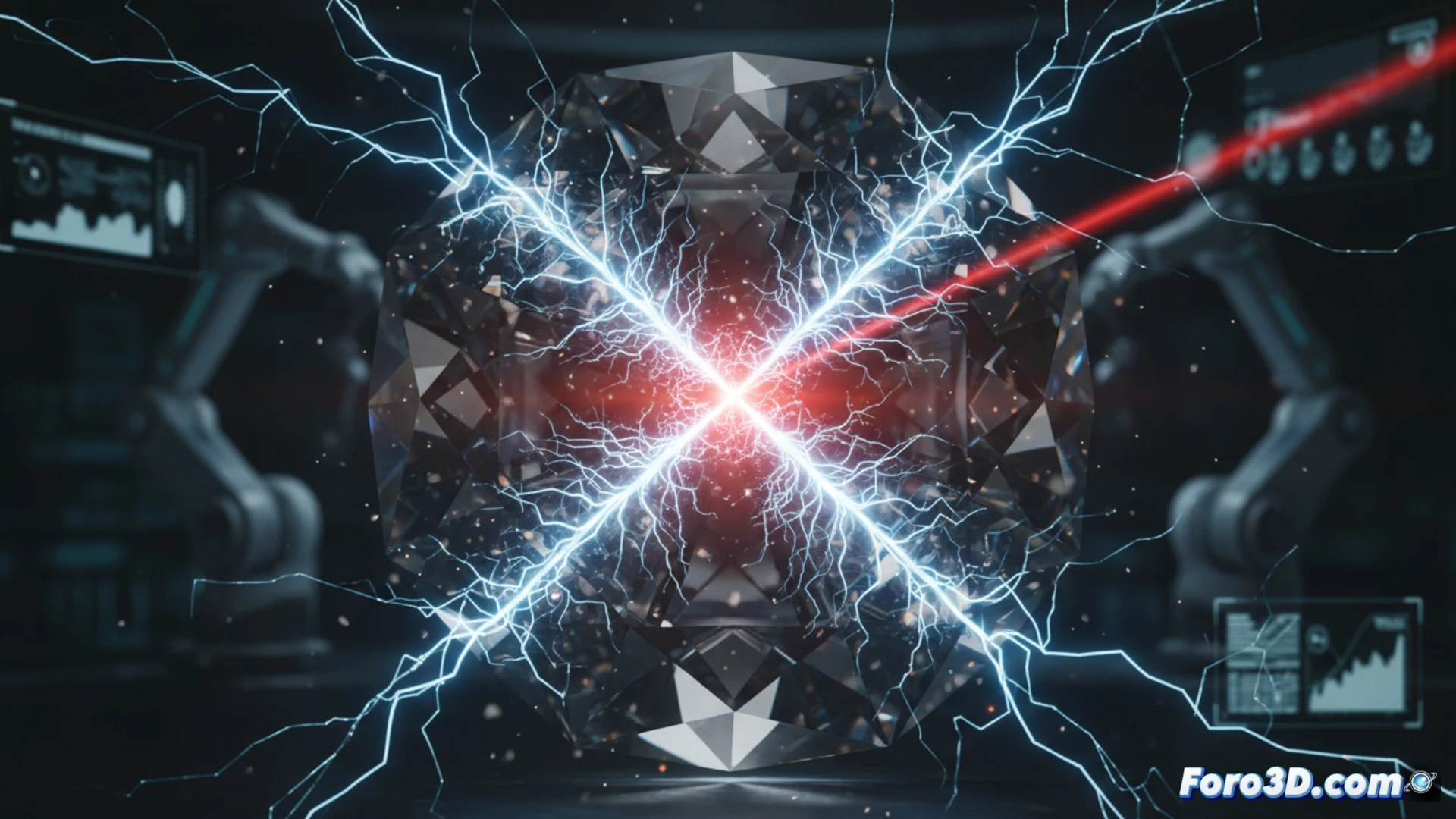 [Simulación 3D de grietas en diamante sintético por impacto láser, ciencia de materiales]