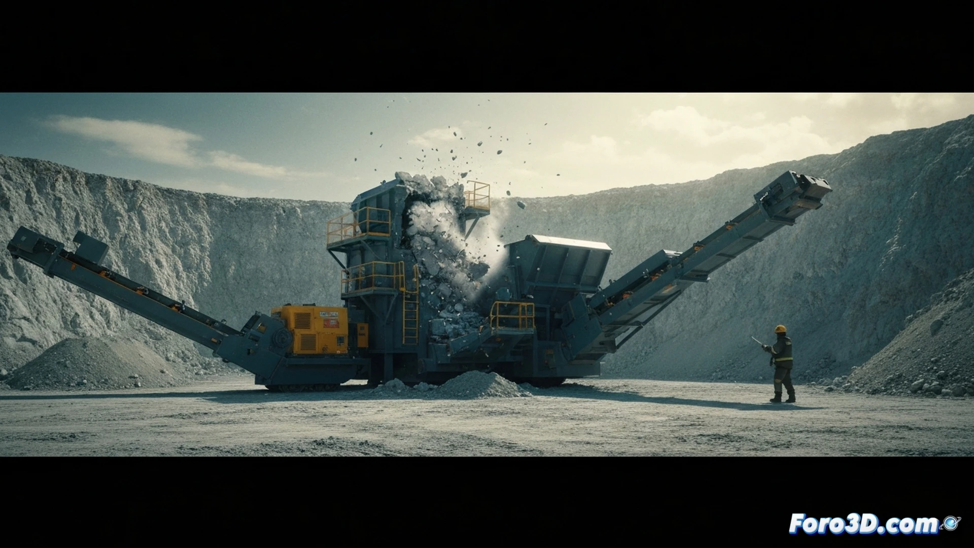 engineering visualization of a fractured eccentric shaft from a jaw crusher in a quarry, metallic fragments flying outward at high speed during catastrophic failure, bright jagged fracture surface being scanned by a high-resolution optical scanner mounted on a tripod, engineers in safety vests observing the process, scattered metal shrapnel on rocky ground, dust particles suspended in air, dramatic industrial lighting with harsh shadows, photorealistic technical illustration, ultra-detailed metal grain and crack propagation lines, forensic analysis atmosphere
